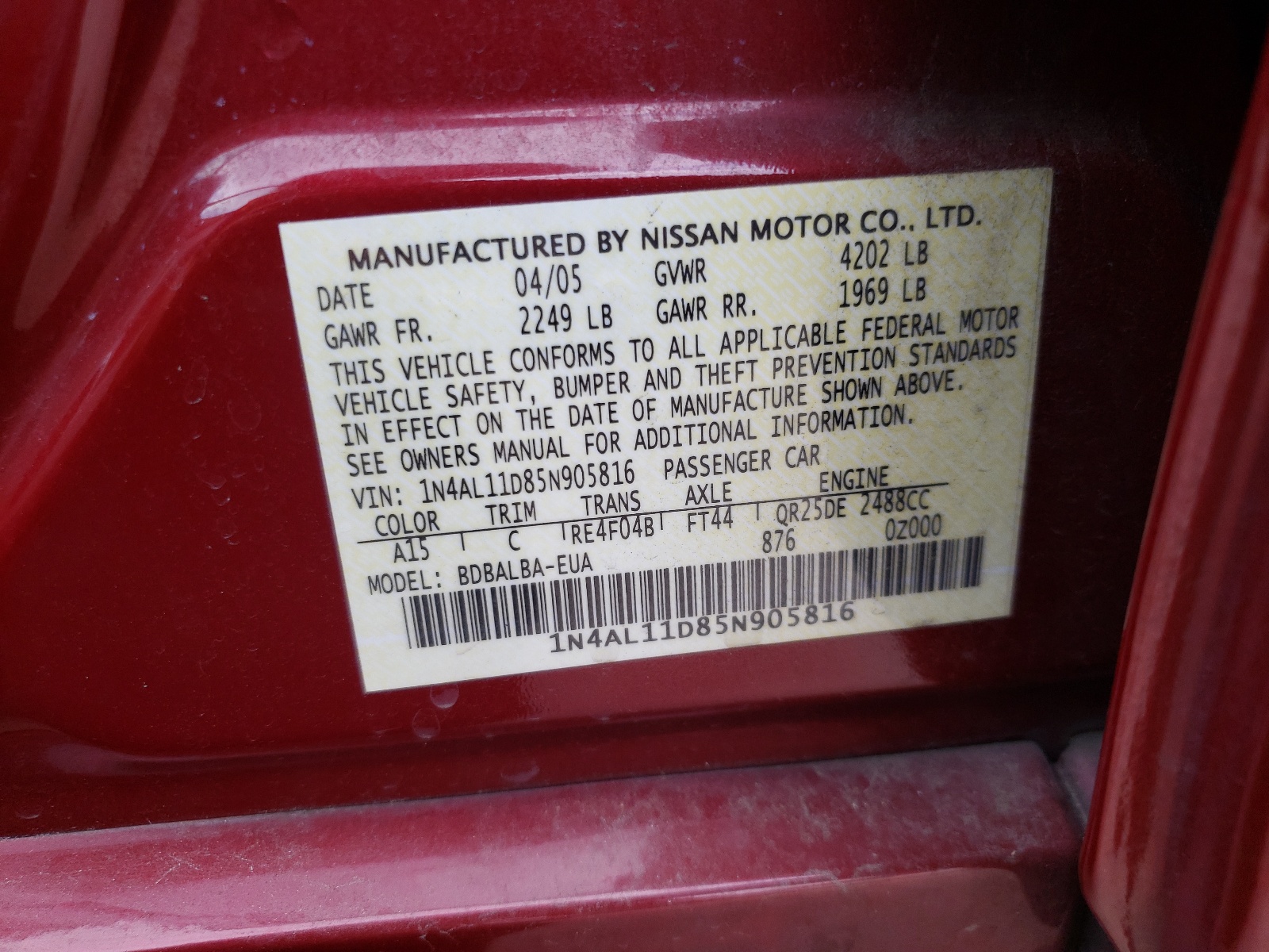 Photo 10 from auction – 2005 NISSAN ALTIMA S with VIN 1N4AL11D85N905816