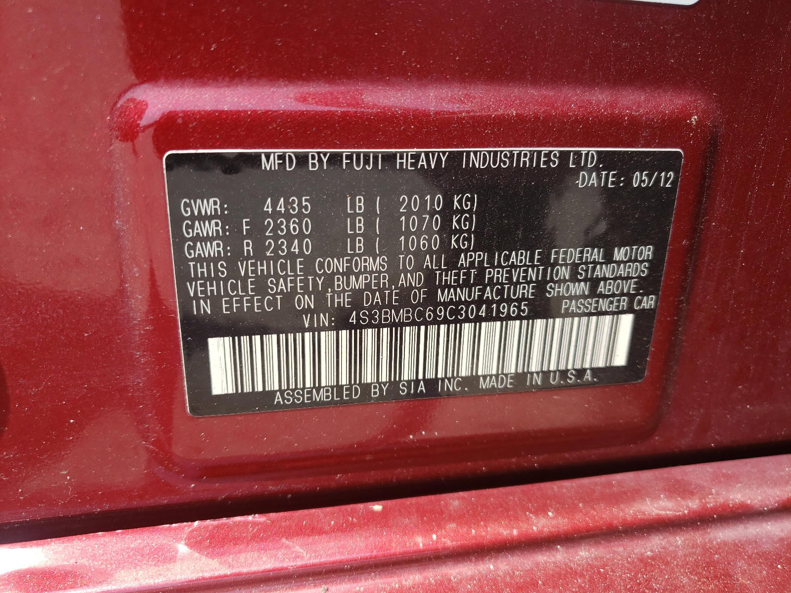 Photo 10 from auction – 2012 SUBARU LEGACY 2.5 with VIN 4S3BMBC69C3041965