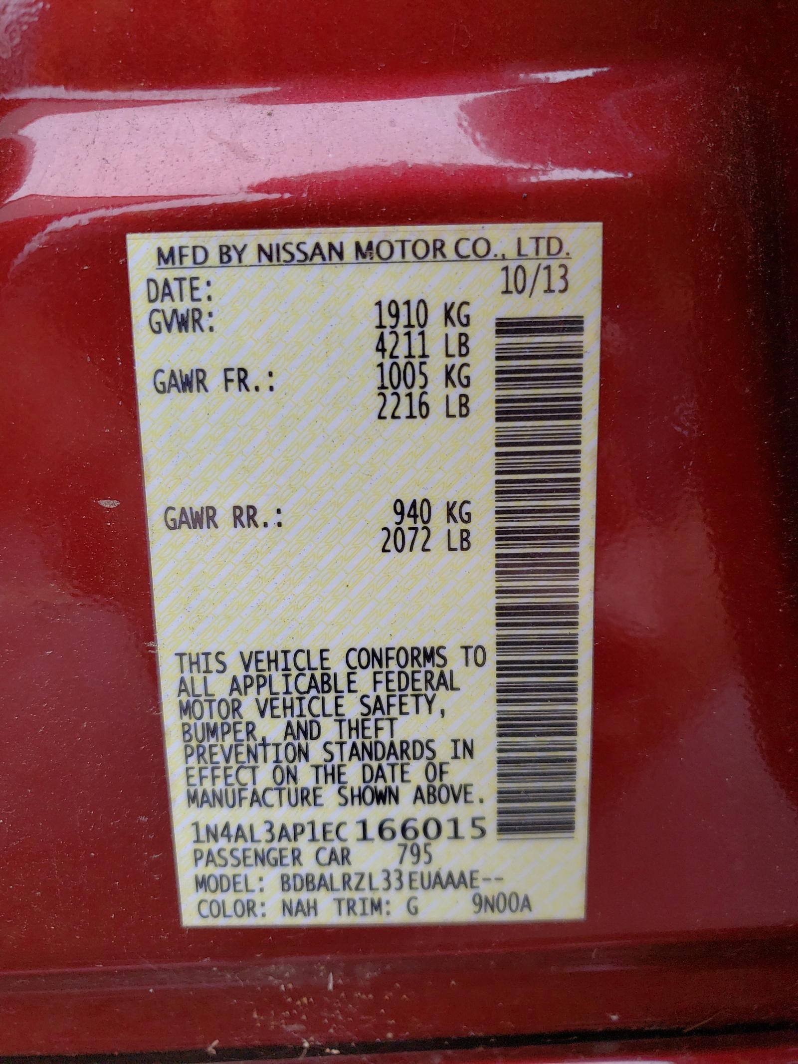 Photo 10 from auction – 2014 NISSAN ALTIMA 2.5 with VIN 1N4AL3AP1EC166015