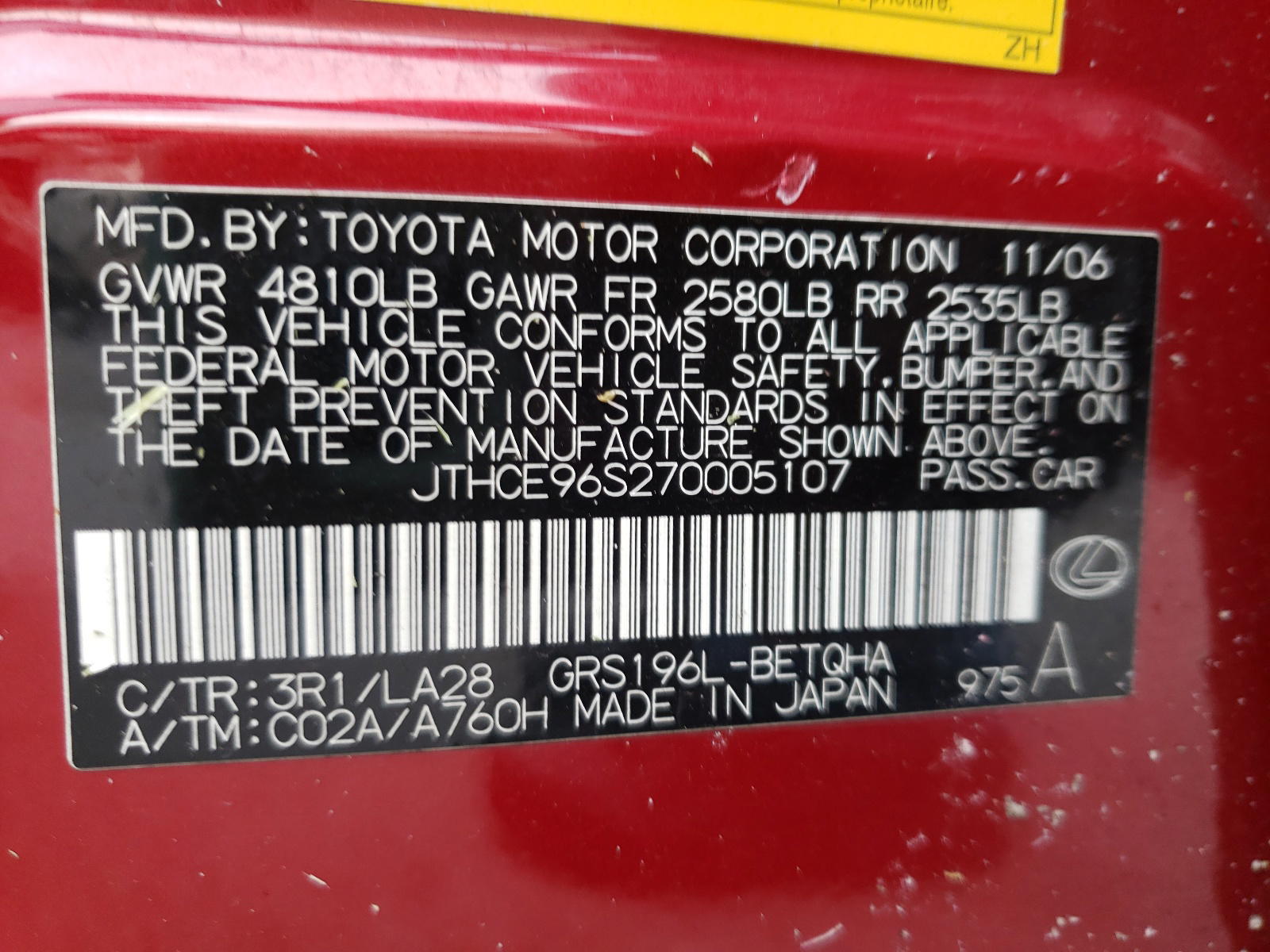 Photo 10 from auction – 2007 LEXUS GS 350 with VIN JTHCE96S270005107