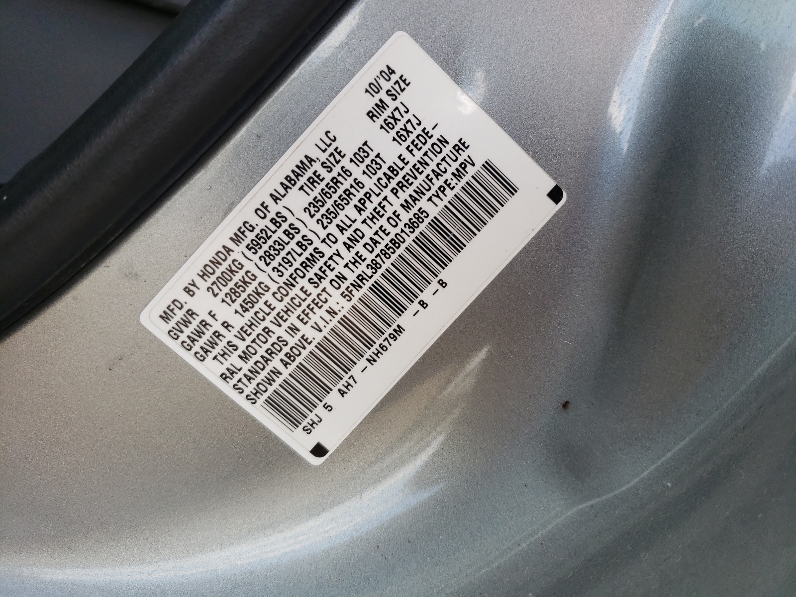 Photo 10 from auction – 2005 HONDA ODYSSEY EX with VIN 5FNRL38785B013685