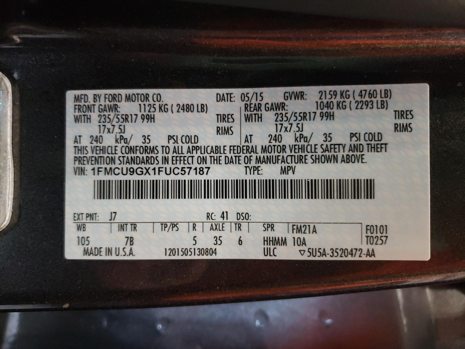Photo 10 from auction – 2015 FORD ESCAPE SE with VIN 1FMCU9GX1FUC57187