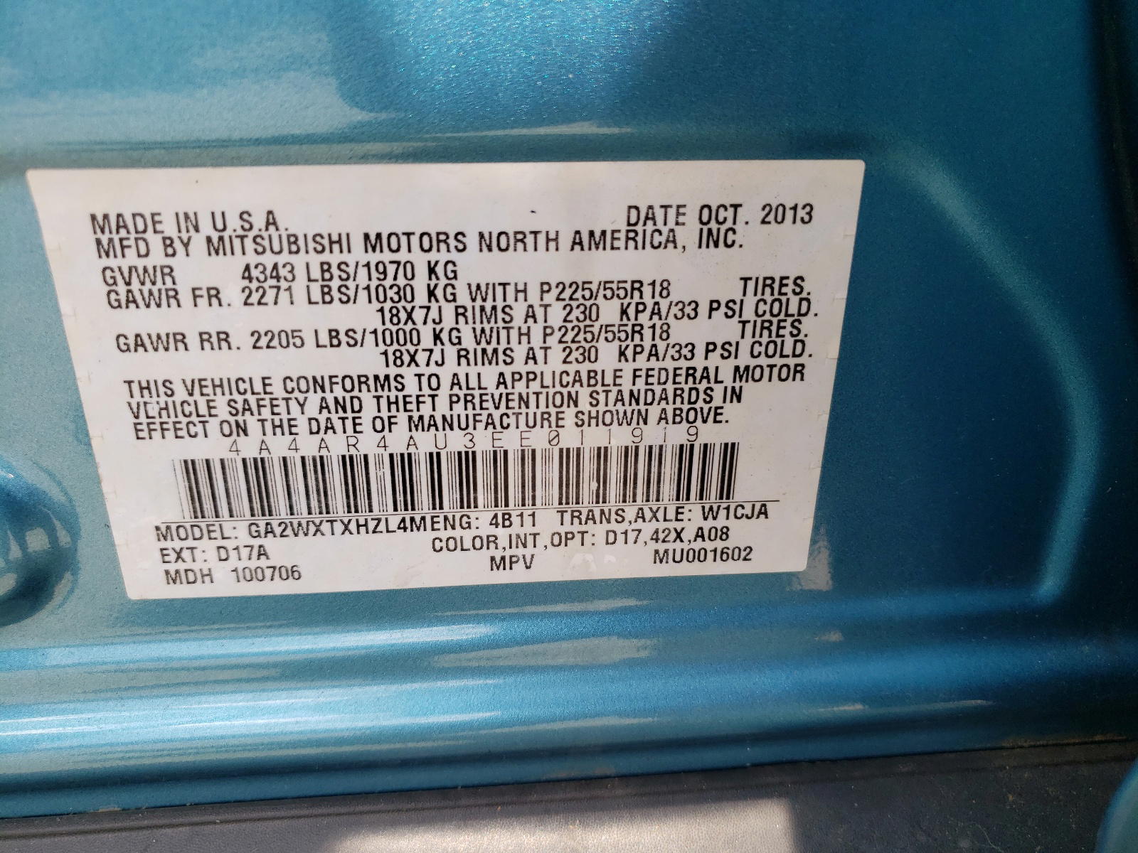 Photo 10 from auction – 2014 MITSUBISHI OUTLANDER with VIN 4A4AR4AU3EE011919