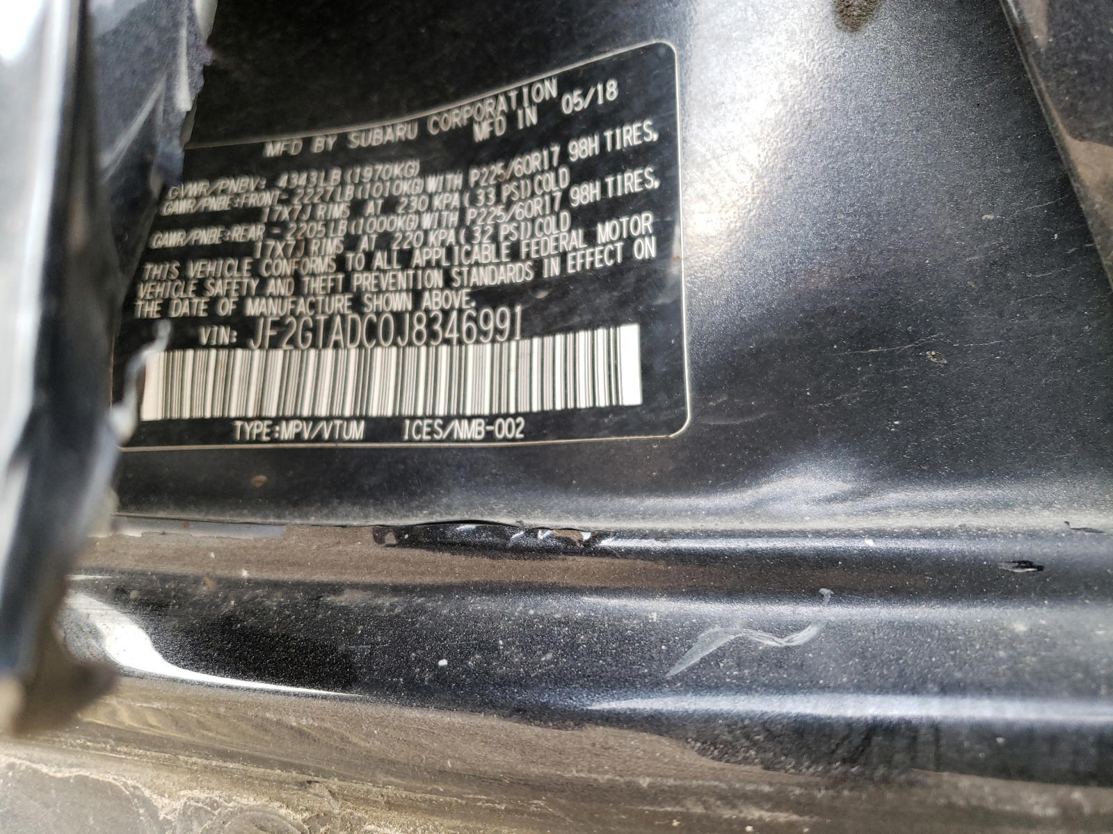 Photo 10 from auction – 2018 SUBARU CROSSTREK with VIN JF2GTADC0J8346991