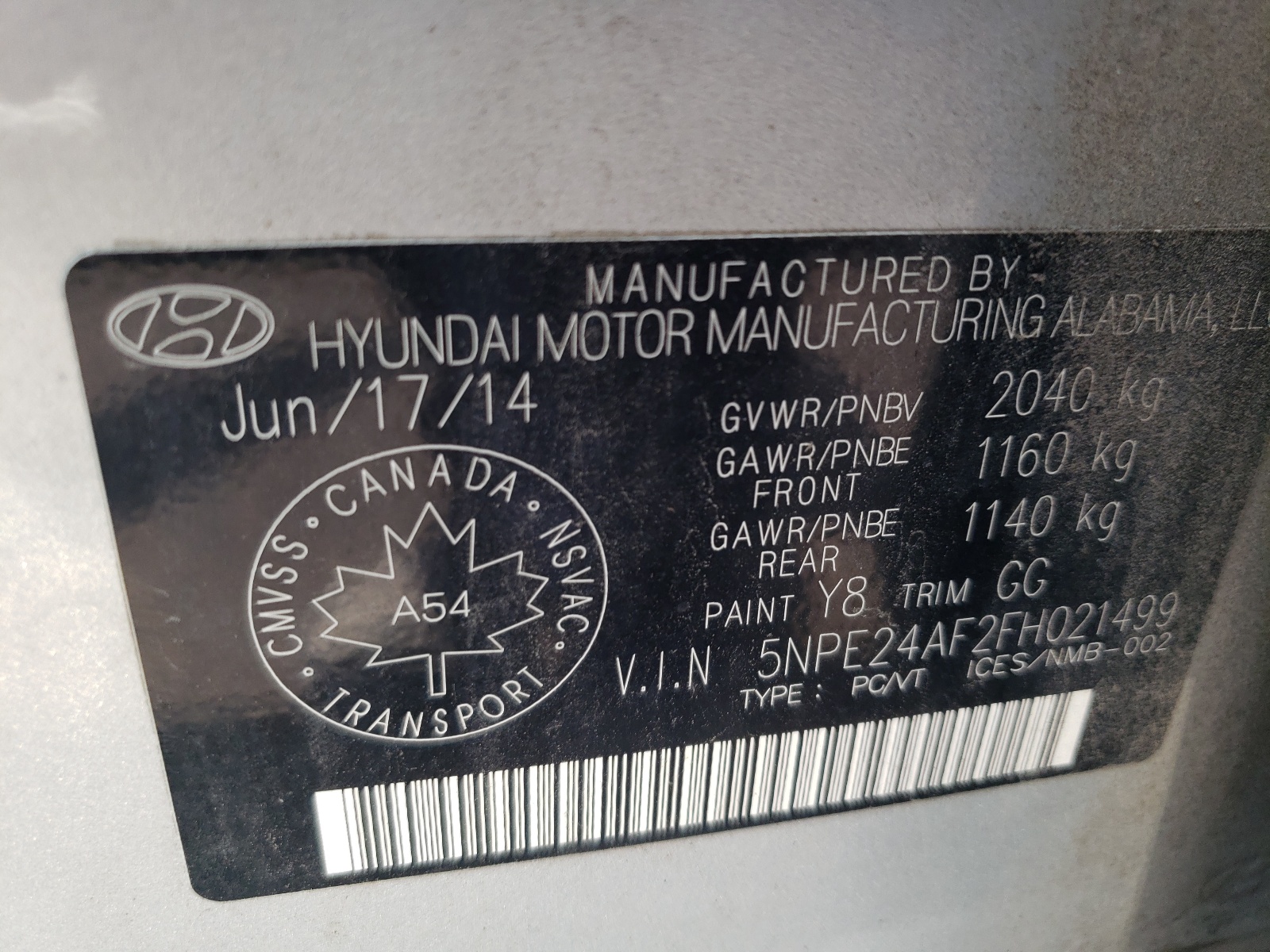 Photo 10 from auction – 2015 HYUNDAI SONATA SE with VIN 5NPE24AF2FH021499