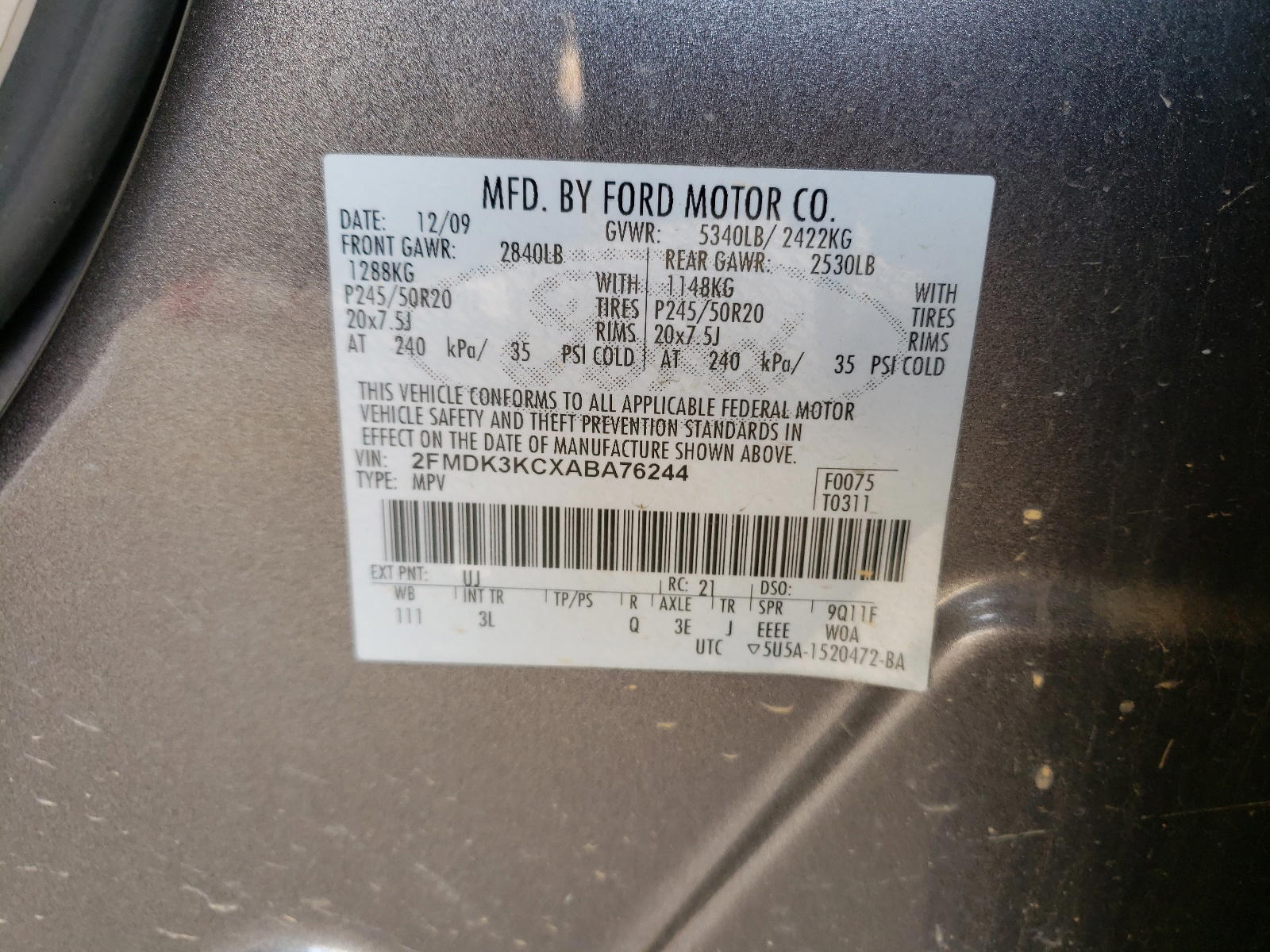 Photo 10 from auction – 2010 FORD EDGE LIMIT with VIN 2FMDK3KCXABA76244