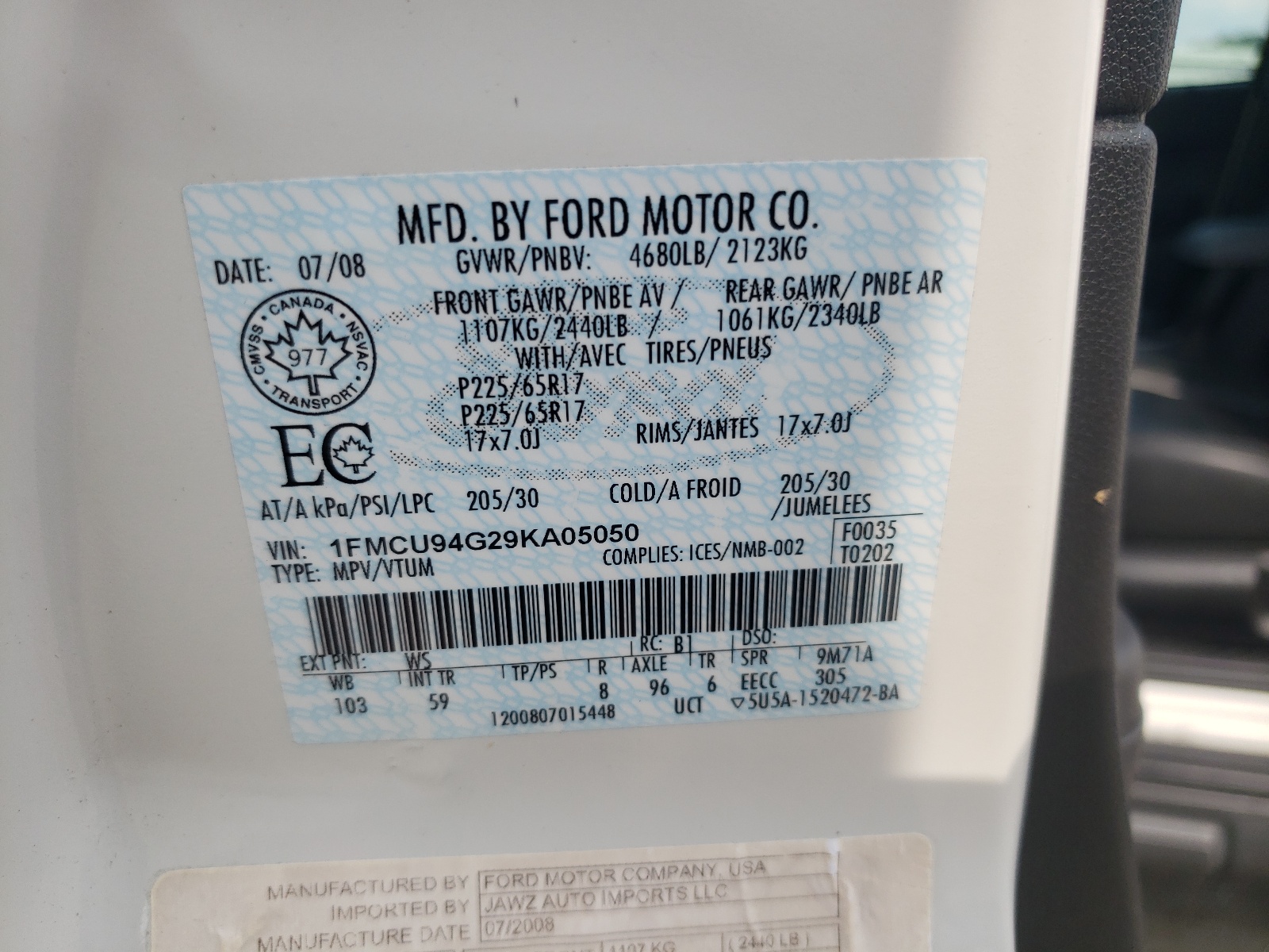 Photo 10 from auction – 2009 FORD ESCAPE LIM with VIN 1FMCU94G29KA05050