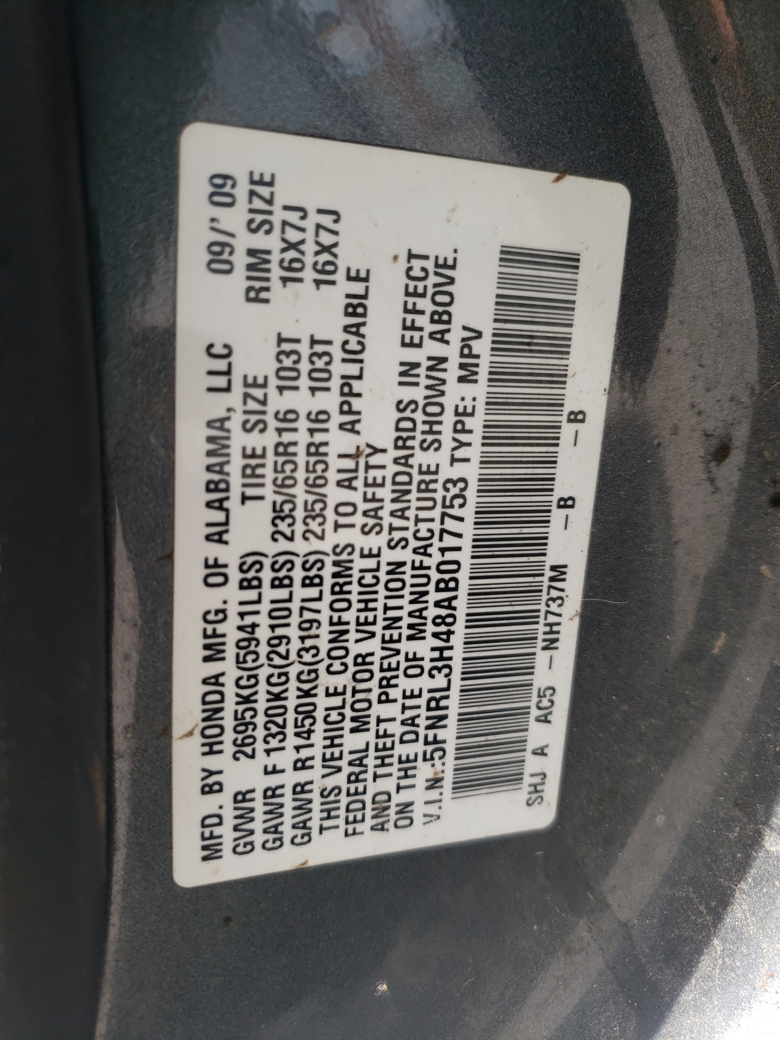 Photo 10 from auction – 2010 HONDA ODYSSEY EX with VIN 5FNRL3H48AB017753