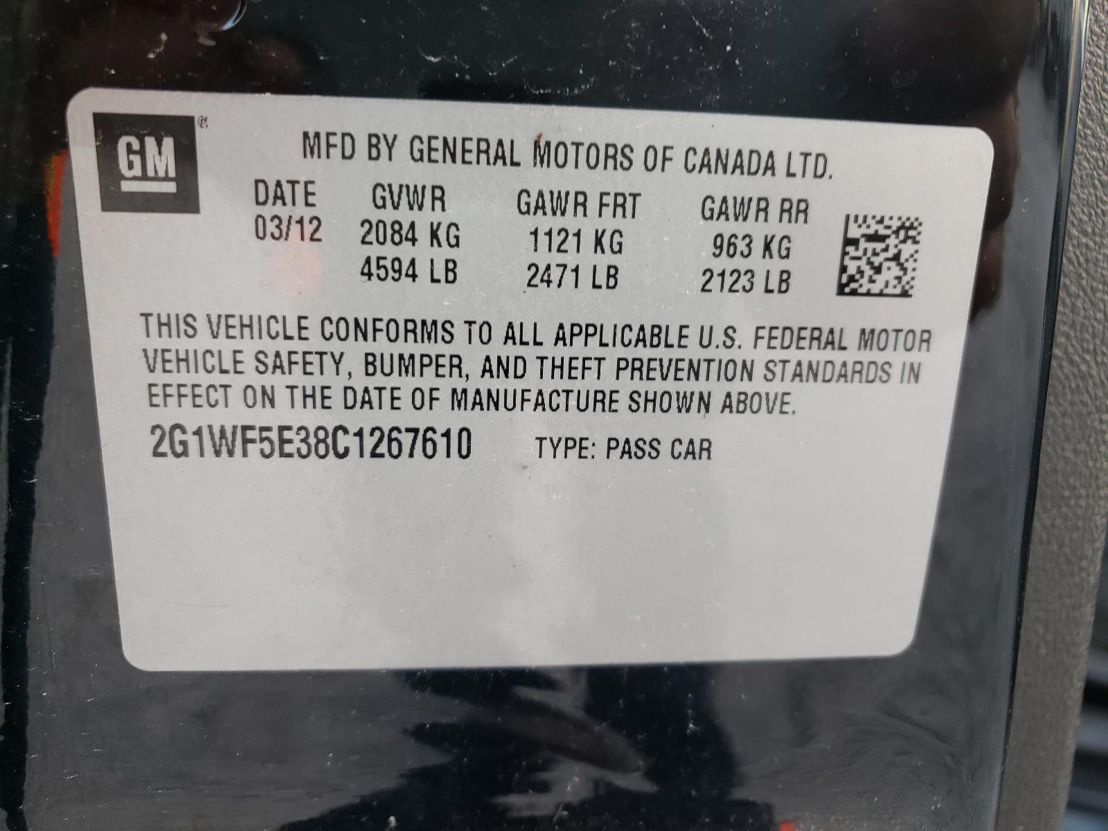 Photo 10 from auction – 2012 CHEVROLET IMPALA LS with VIN 2G1WF5E38C1267610