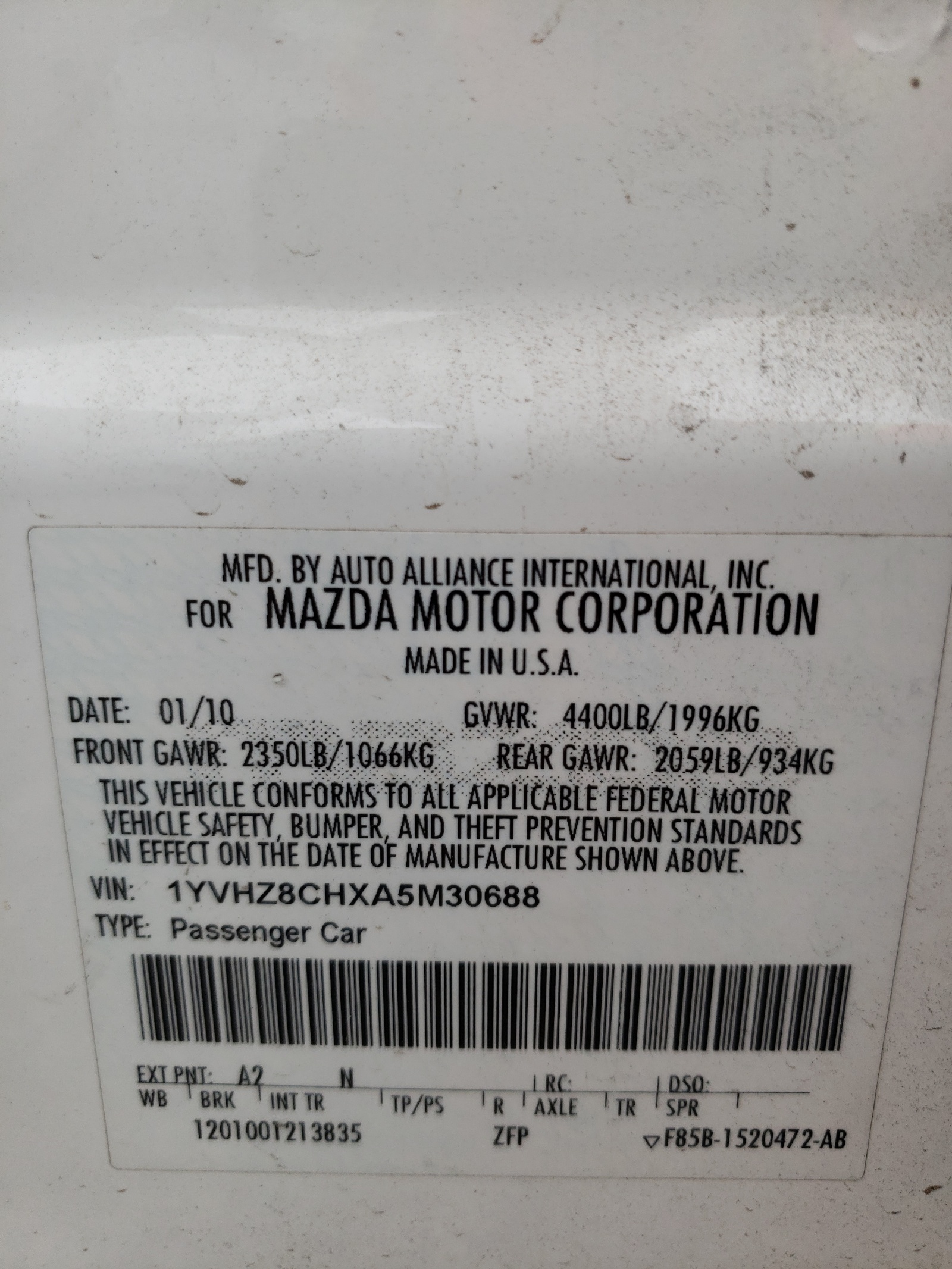 Photo 10 from auction – 2010 MAZDA 6 I with VIN 1YVHZ8CHXA5M30688