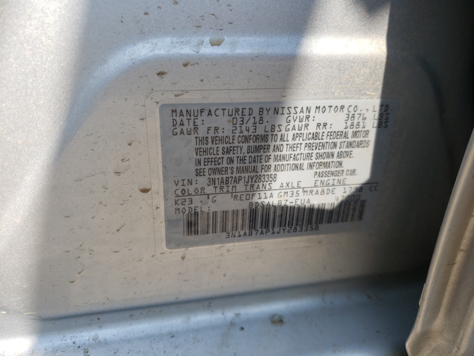 Photo 10 from auction – 2018 NISSAN SENTRA S with VIN 3N1AB7AP1JY283358