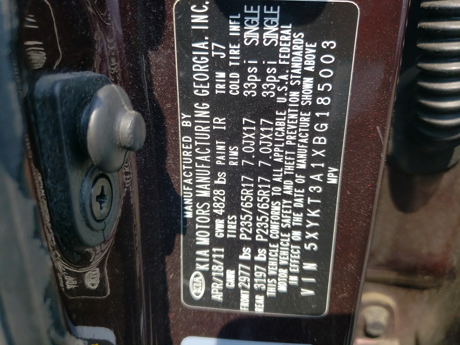 Photo 10 from auction – 2011 KIA SORENTO BA with VIN 5XYKT3A1XBG185003