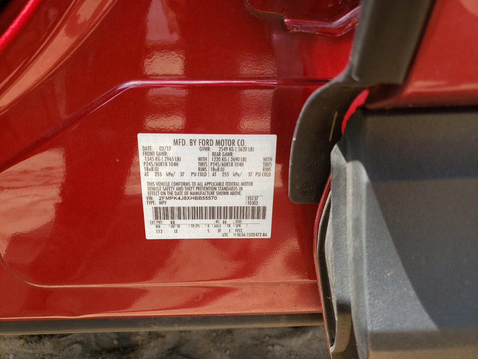 Photo 10 from auction – 2017 FORD EDGE SEL with VIN 2FMPK4J8XHBB55570