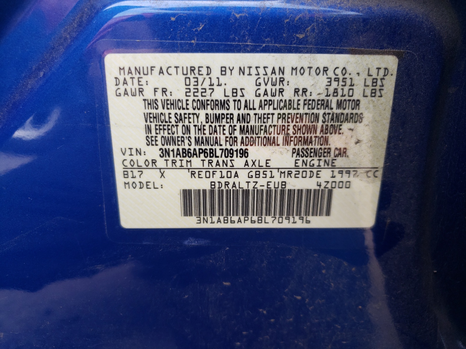 Photo 10 from auction – 2011 NISSAN SENTRA 2.0 with VIN 3N1AB6AP6BL709196
