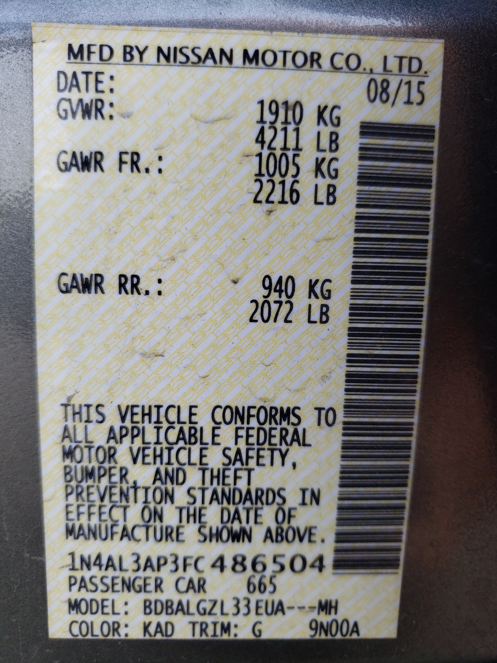 Photo 10 from auction – 2015 NISSAN ALTIMA 2.5 with VIN 1N4AL3AP3FC486504