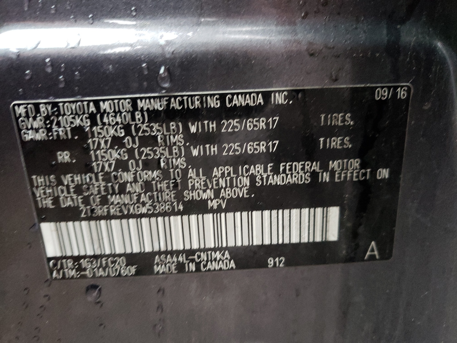 Photo 10 from auction – 2016 TOYOTA RAV4 XLE with VIN 2T3RFREVXGW538614