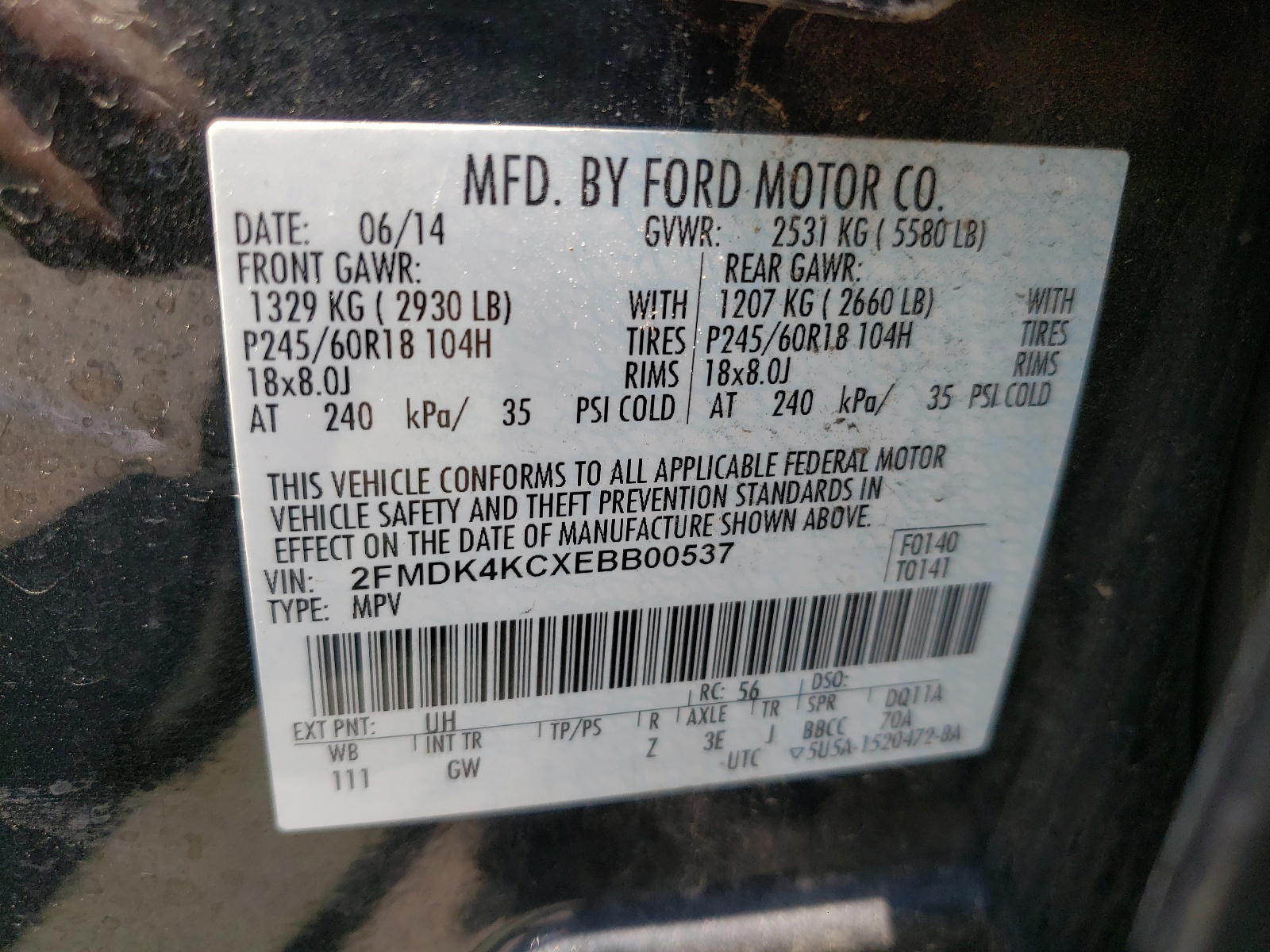 Photo 10 from auction – 2014 FORD EDGE LIMIT with VIN 2FMDK4KCXEBB00537