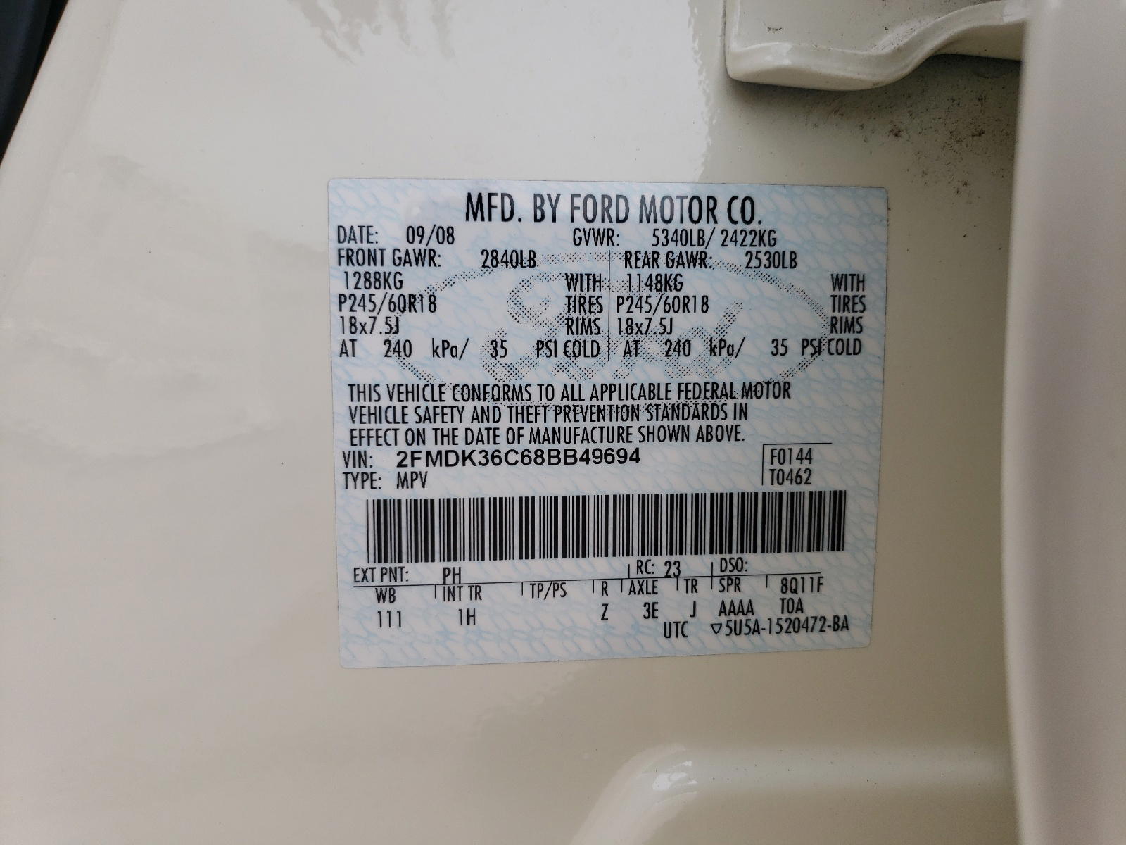 Photo 10 from auction – 2008 FORD EDGE SE with VIN 2FMDK36C68BB49694