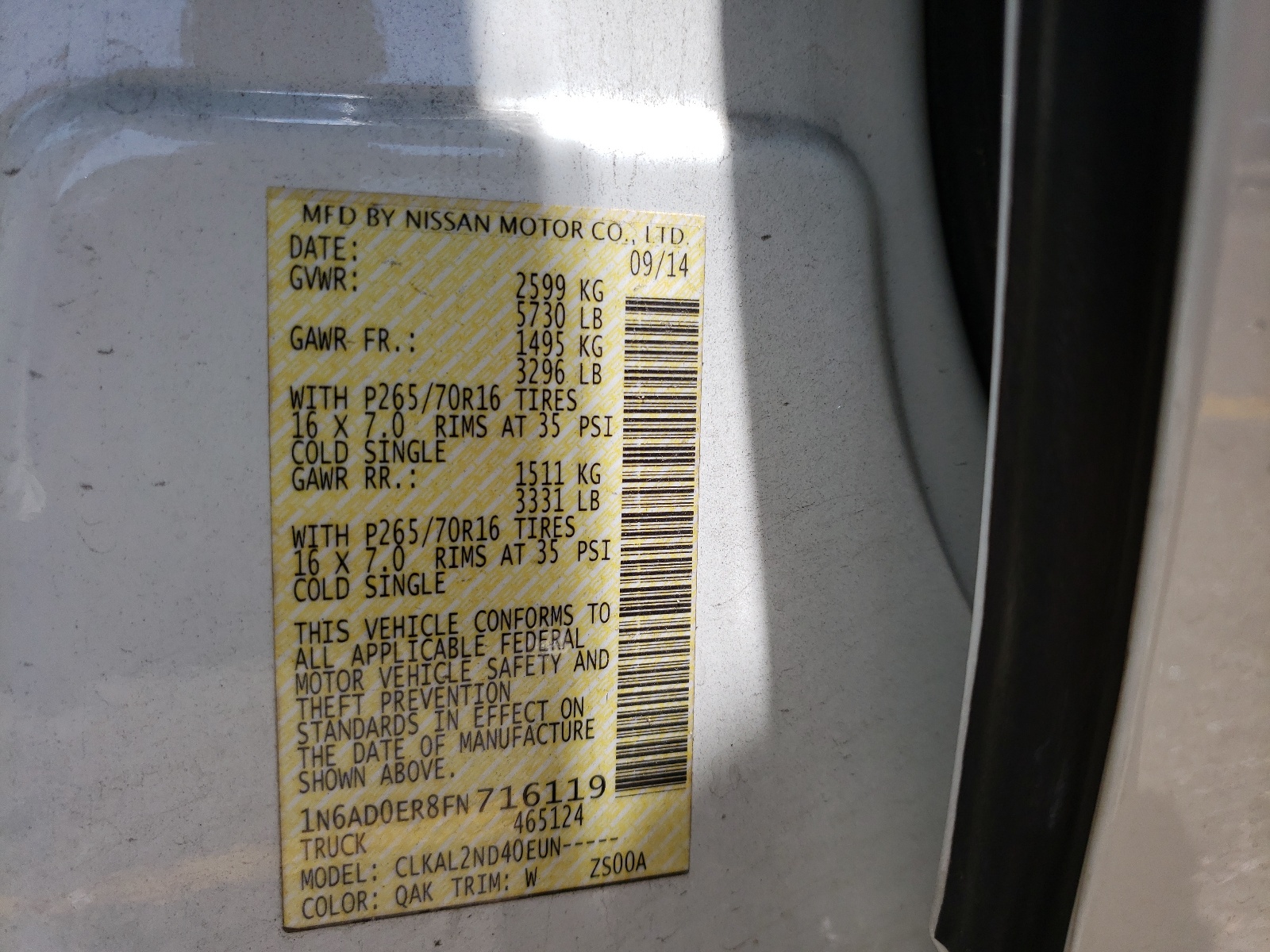 Photo 10 from auction – 2015 NISSAN FRONTIER S with VIN 1N6AD0ER8FN716119