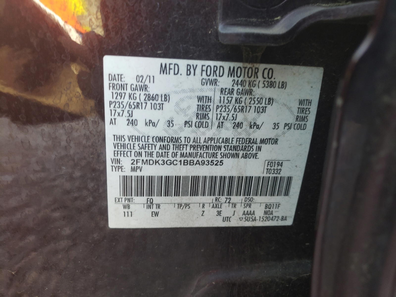 Photo 10 from auction – 2011 FORD EDGE SE with VIN 2FMDK3GC1BBA93525