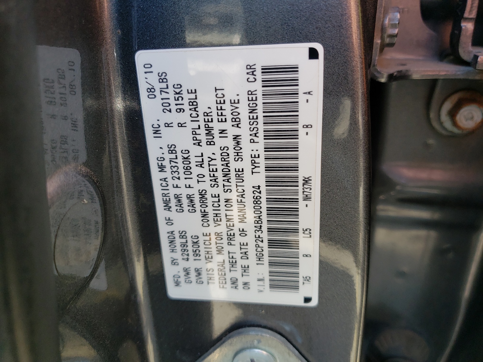 Photo 10 from auction – 2011 HONDA ACCORD LX with VIN 1HGCP2F34BA008624