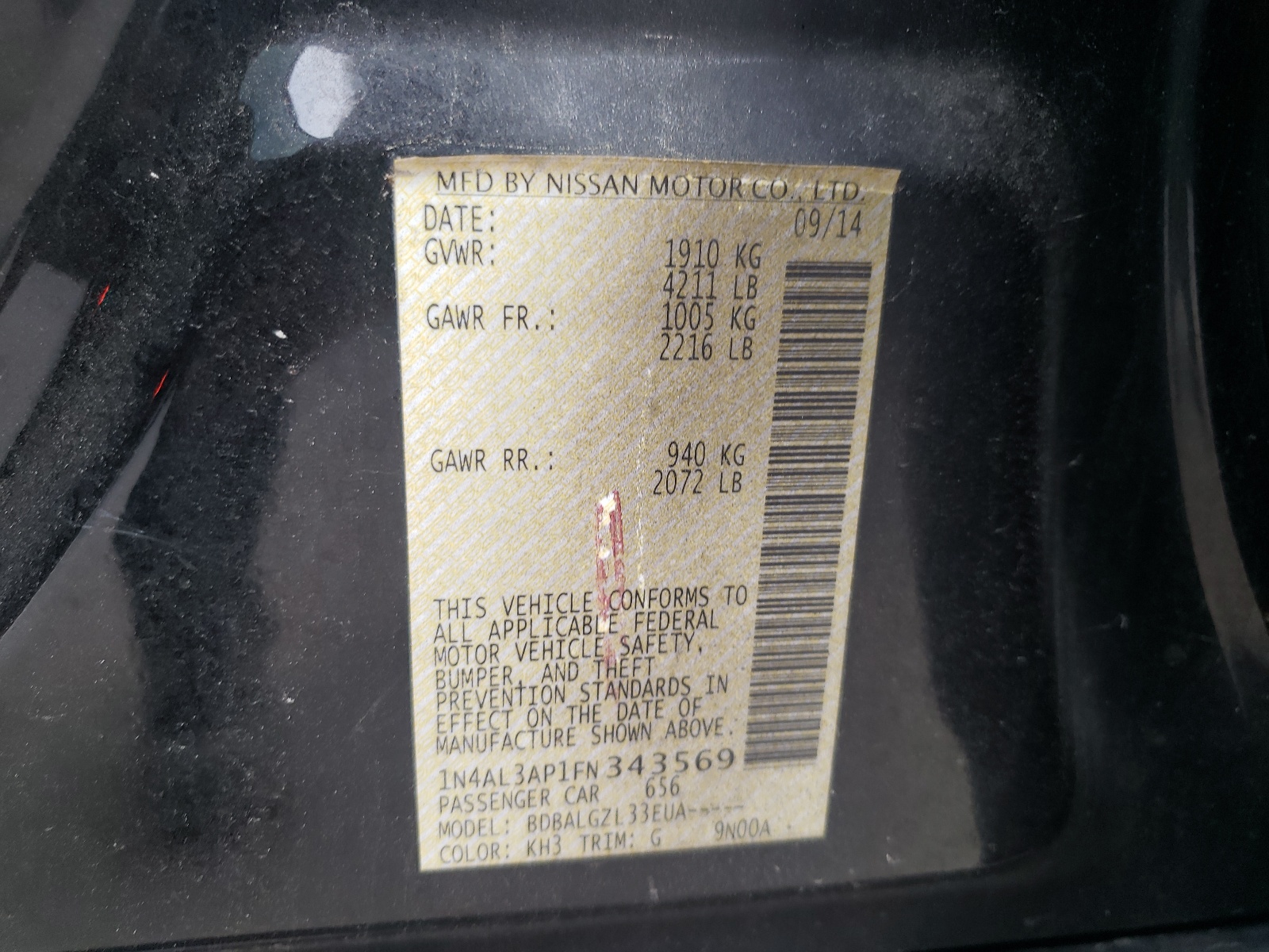 Photo 10 from auction – 2015 NISSAN ALTIMA 2.5 with VIN 1N4AL3AP1FN343569