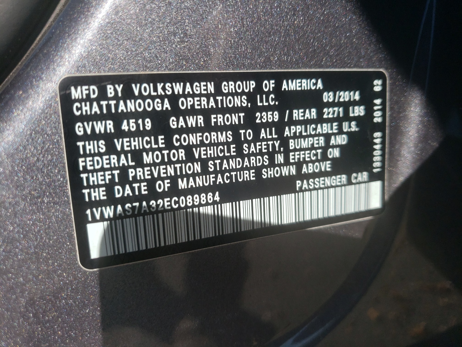 Photo 10 from auction – 2014 VOLKSWAGEN PASSAT S with VIN 1VWAS7A32EC089864
