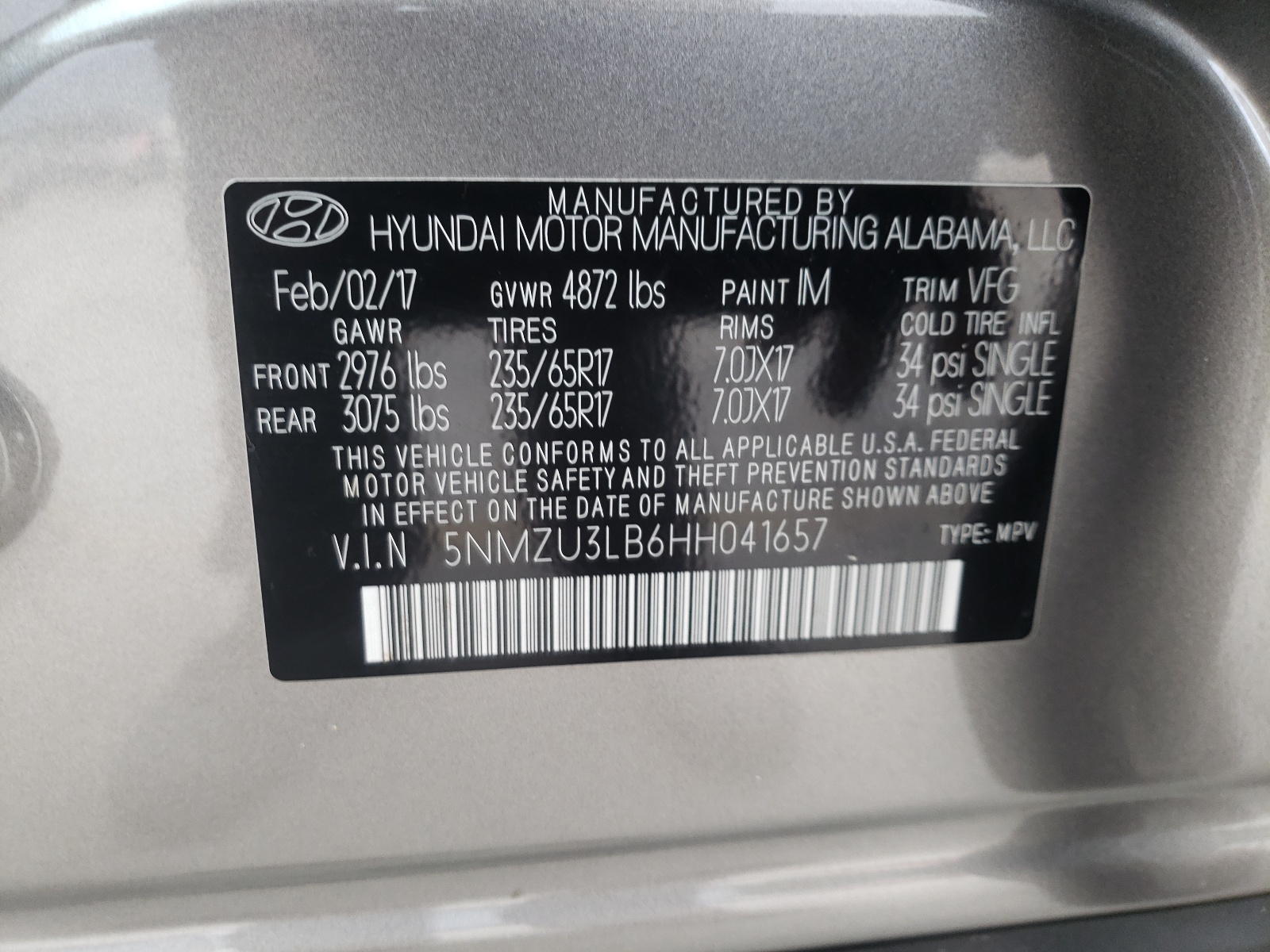 Photo 10 from auction – 2017 HYUNDAI SANTA FE S with VIN 5NMZU3LB6HH041657