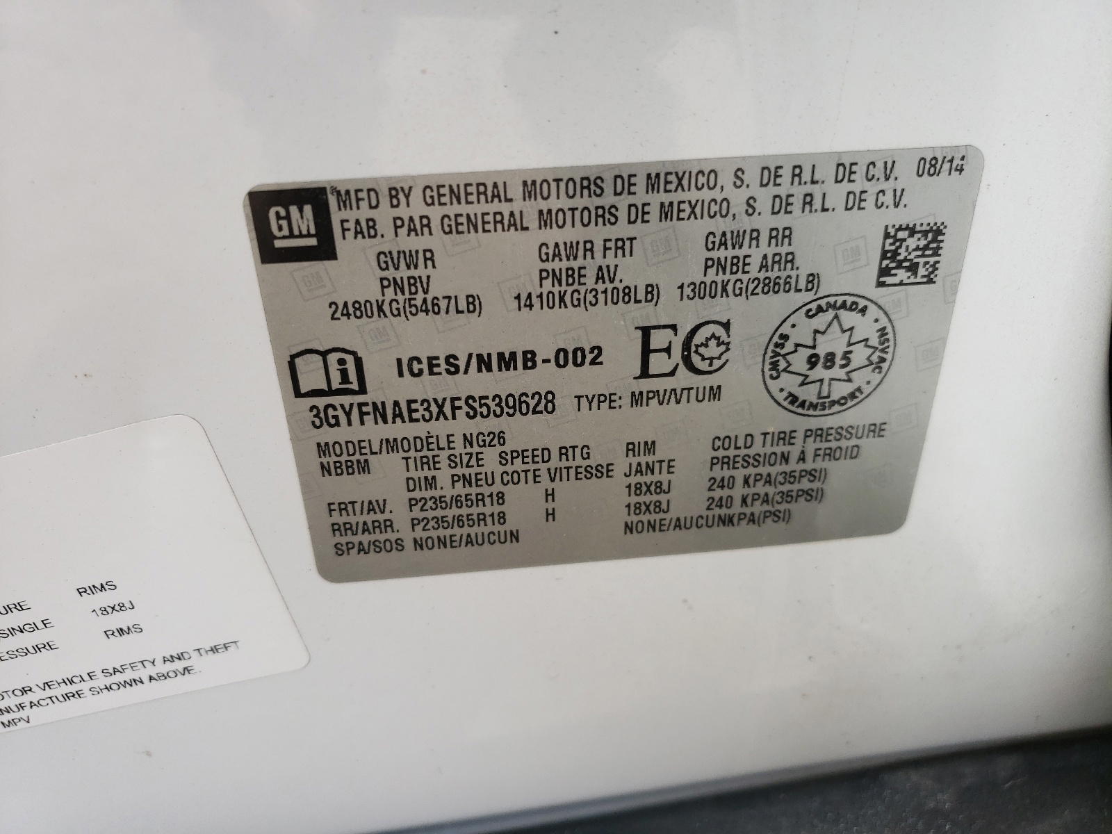 Photo 10 from auction – 2015 CADILLAC SRX with VIN 3GYFNAE3XFS539628