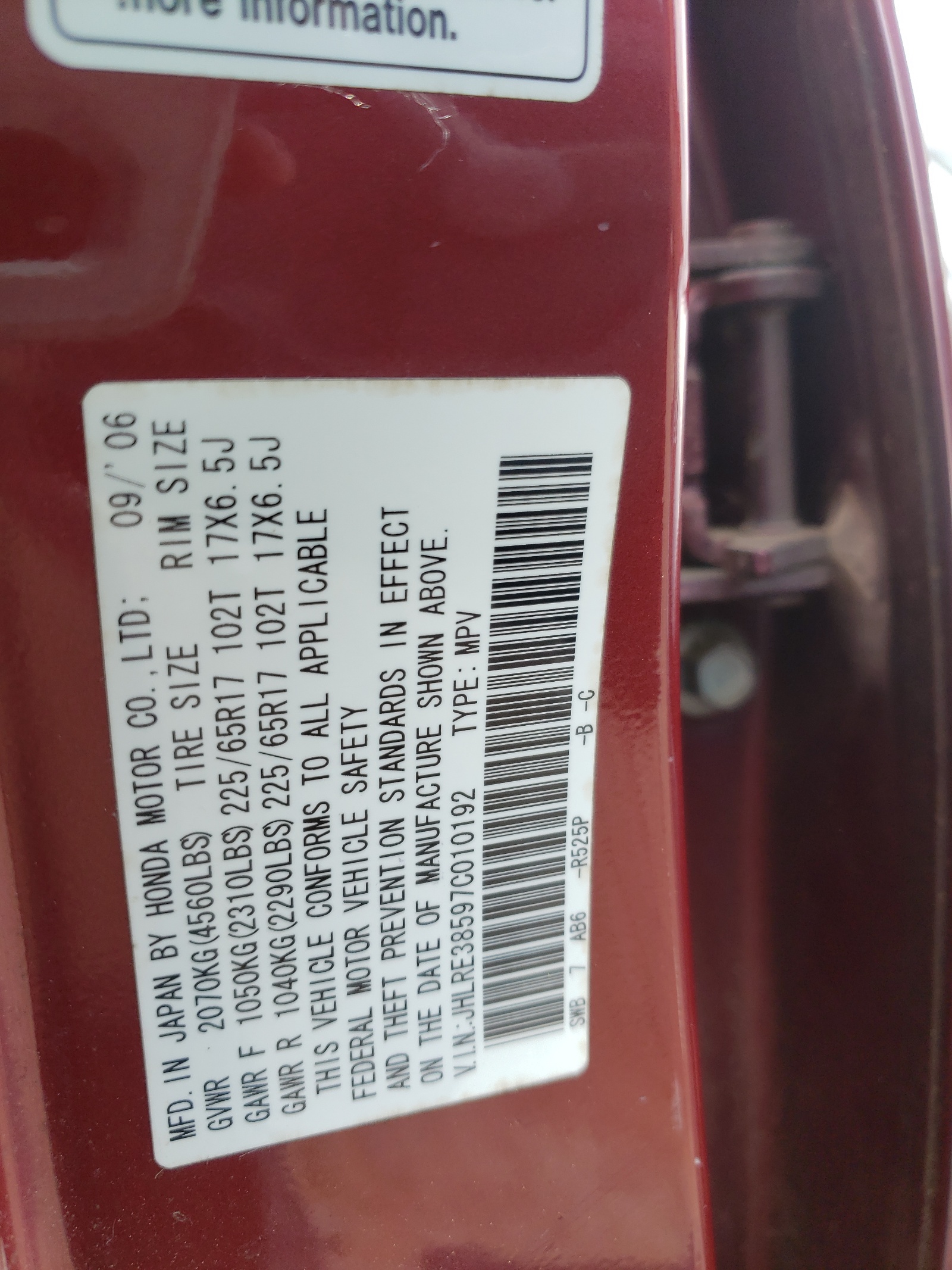 Photo 10 from auction – 2007 HONDA CRV with VIN JHLRE38597C010192