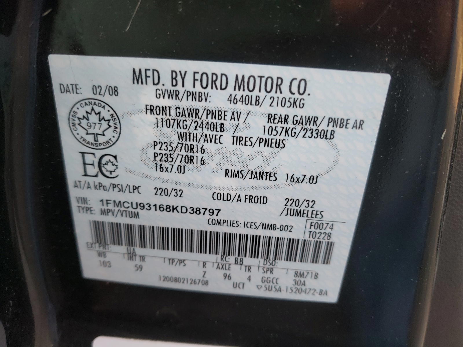 Photo 10 from auction – 2008 FORD ESCAPE XLT with VIN 1FMCU93168KD38797