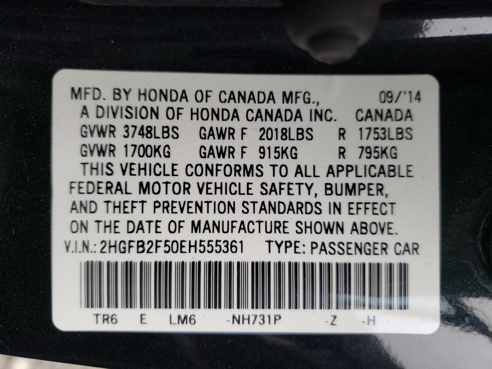 Photo 10 from auction – 2014 HONDA CIVIC LX with VIN 2HGFB2F50EH555361