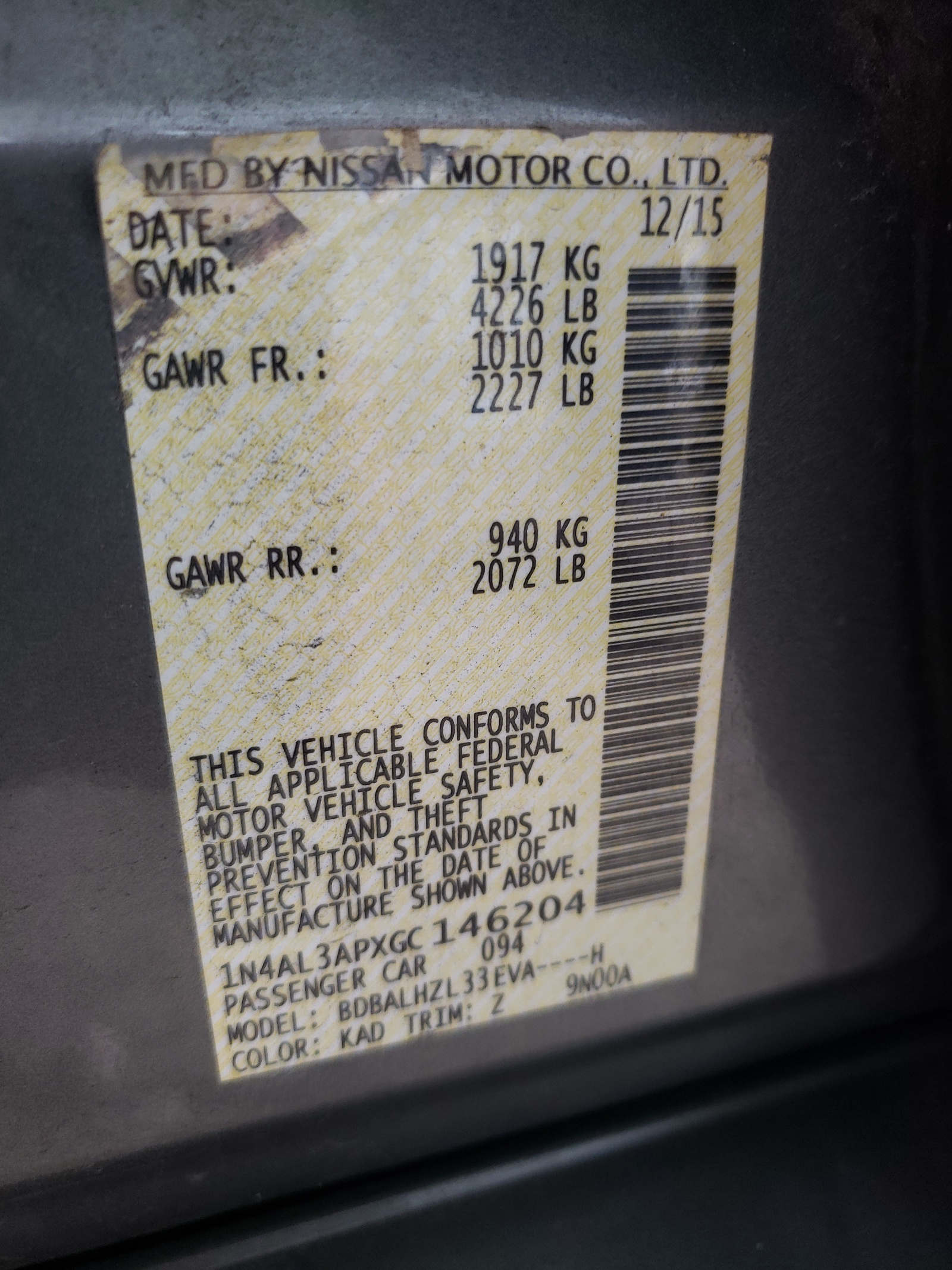 Photo 10 from auction – 2016 NISSAN ALTIMA 2.5 with VIN 1N4AL3APXGC146204