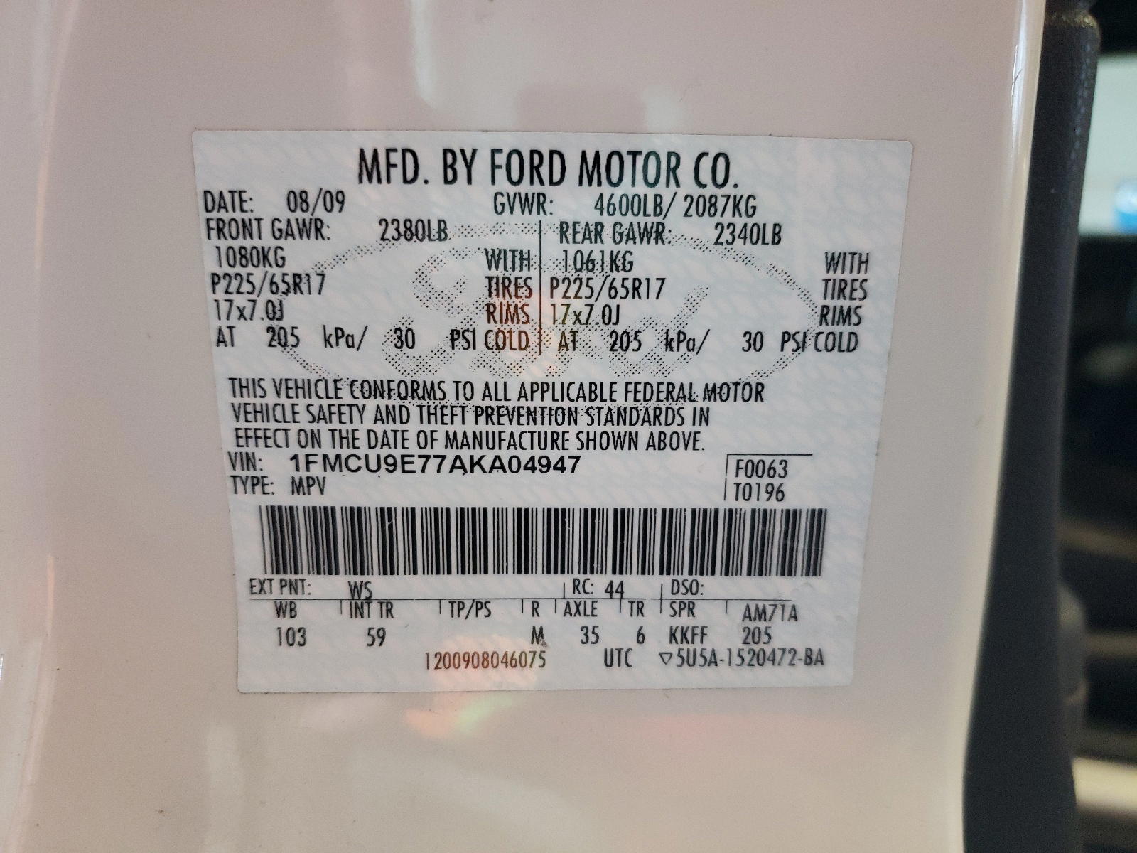 Photo 10 from auction – 2010 FORD ESCAPE LIM with VIN 1FMCU9E77AKA04947