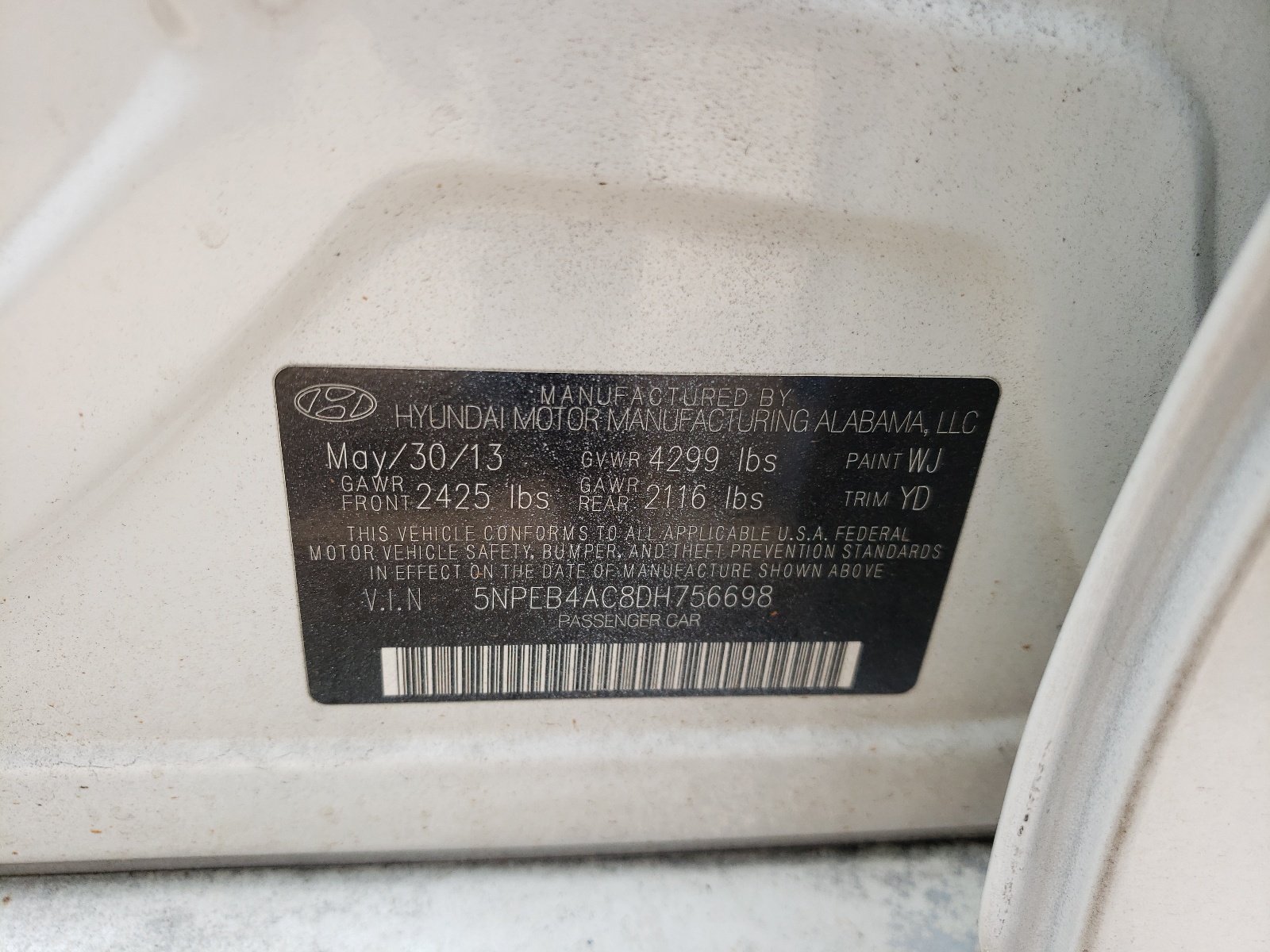 Photo 10 from auction – 2013 HYUNDAI SONATA GLS with VIN 5NPEB4AC8DH756698