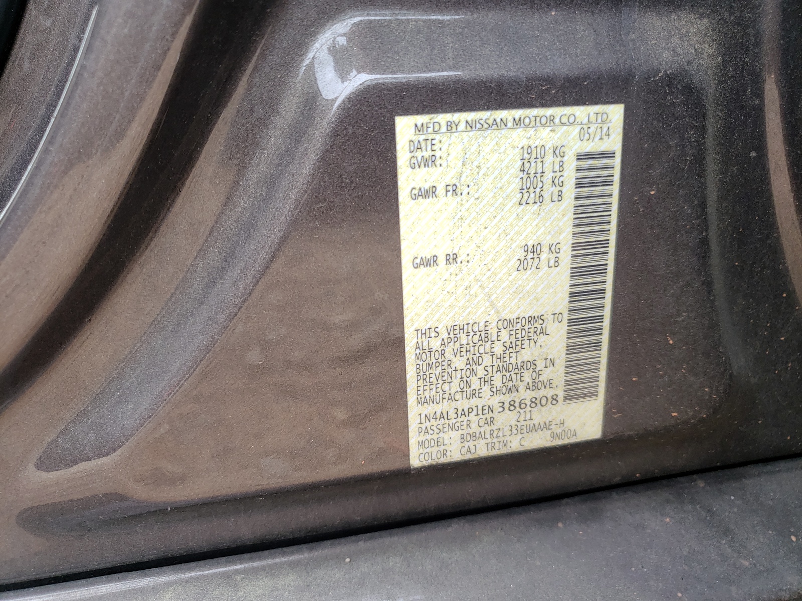 Photo 10 from auction – 2014 NISSAN ALTIMA 2.5 with VIN 1N4AL3AP1EN386808