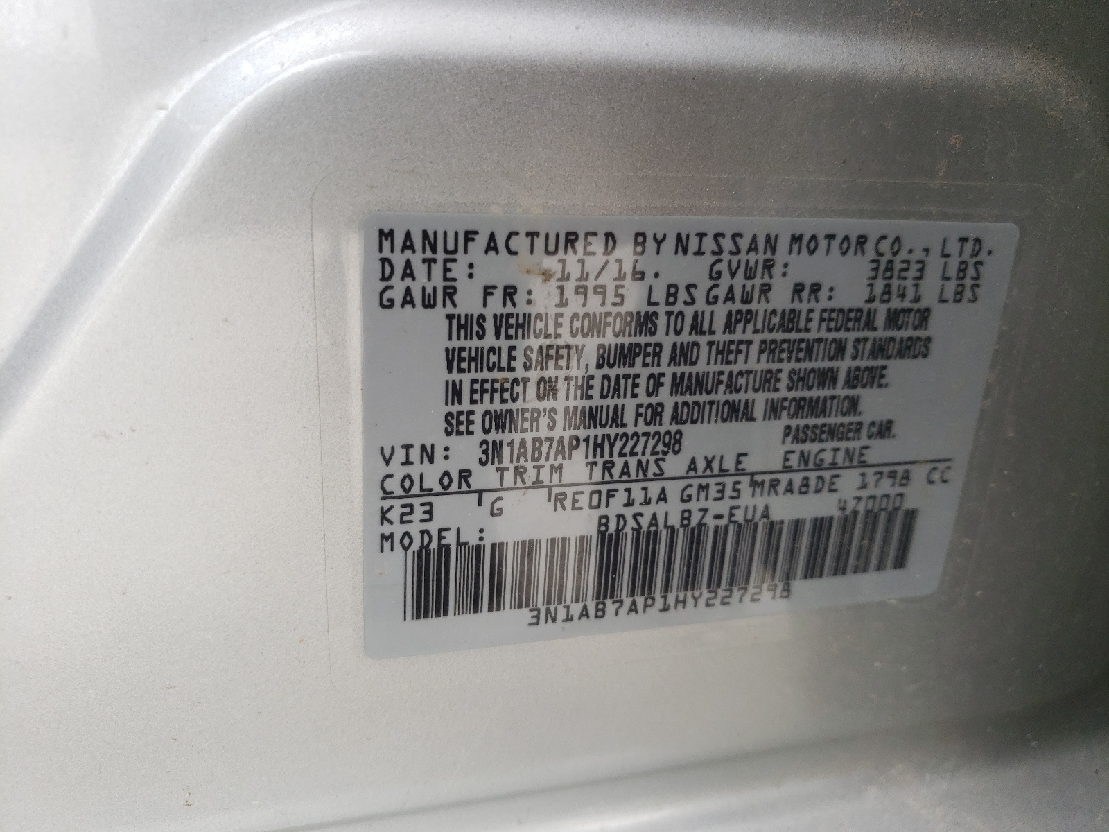 Photo 10 from auction – 2017 NISSAN SENTRA S with VIN 3N1AB7AP1HY227298