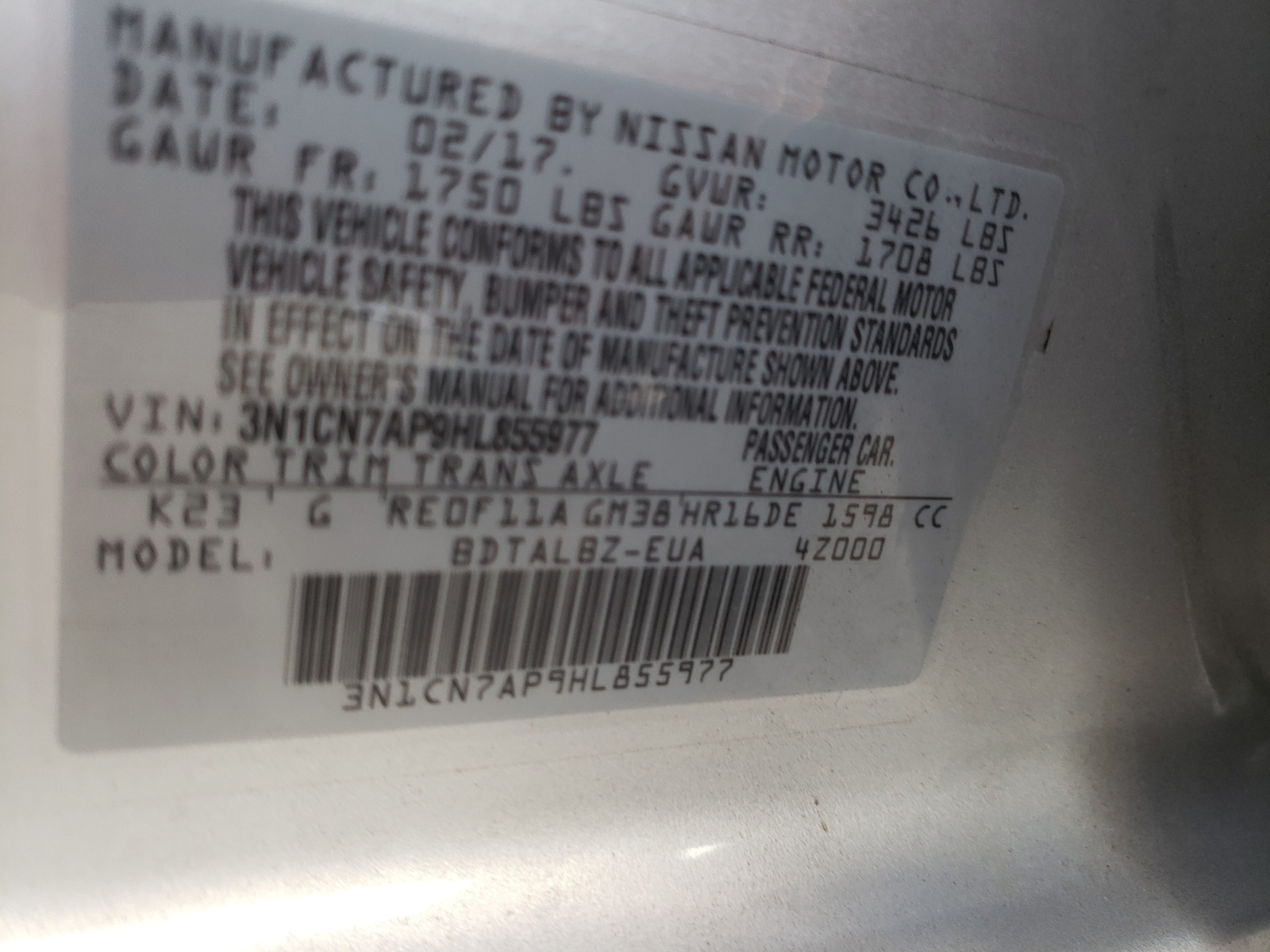 Photo 10 from auction – 2017 NISSAN VERSA S with VIN 3N1CN7AP9HL855977