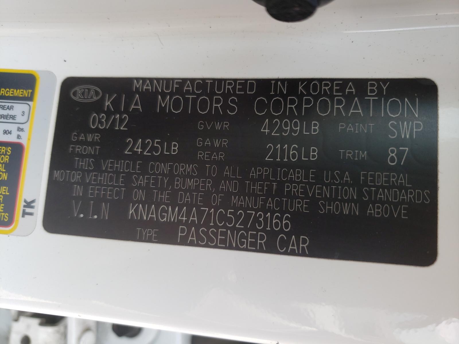Photo 10 from auction – 2012 KIA OPTIMA LX with VIN KNAGM4A71C5273166