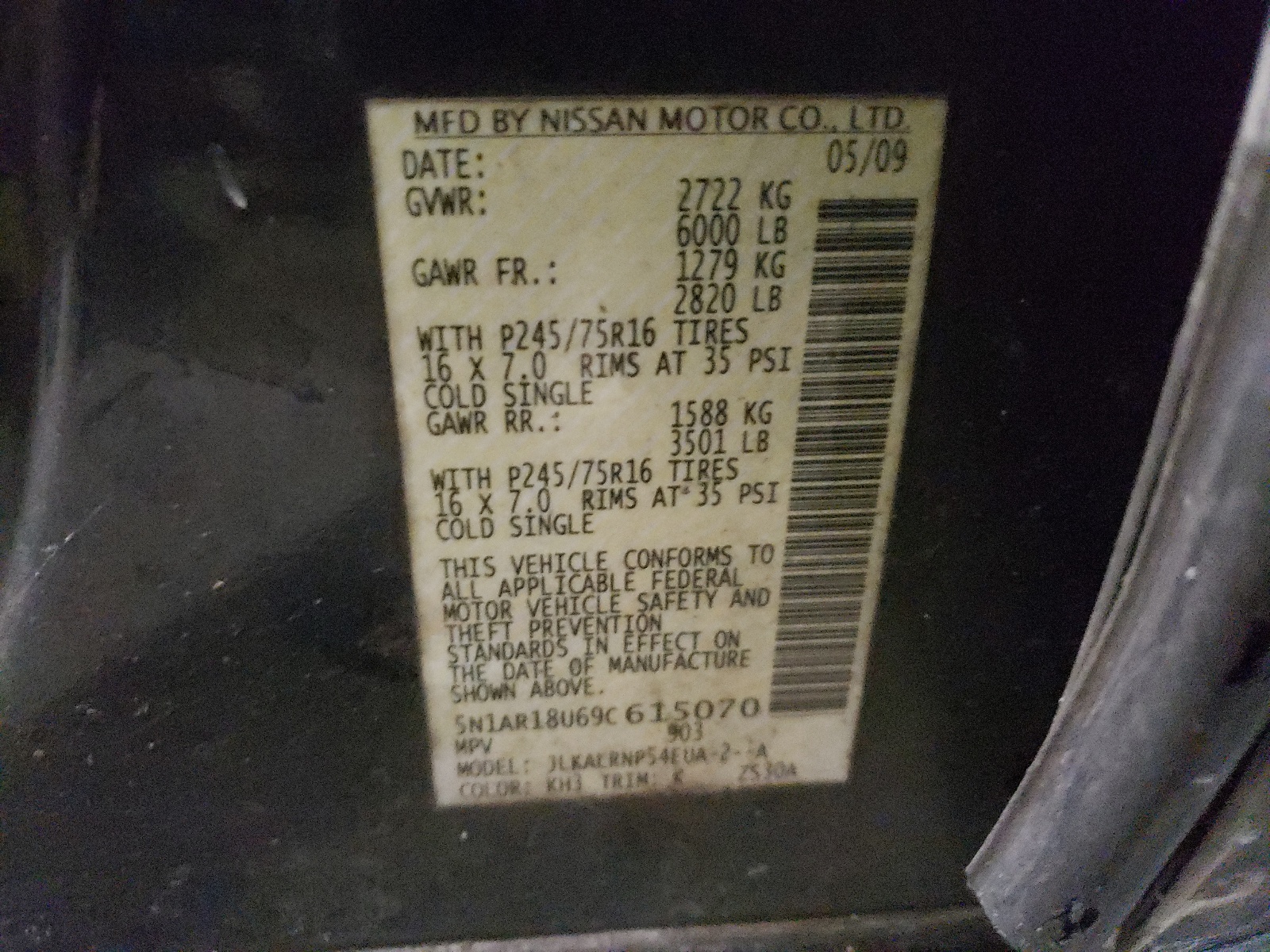 Photo 10 from auction – 2009 NISSAN PATHFINDER with VIN 5N1AR18U69C615070