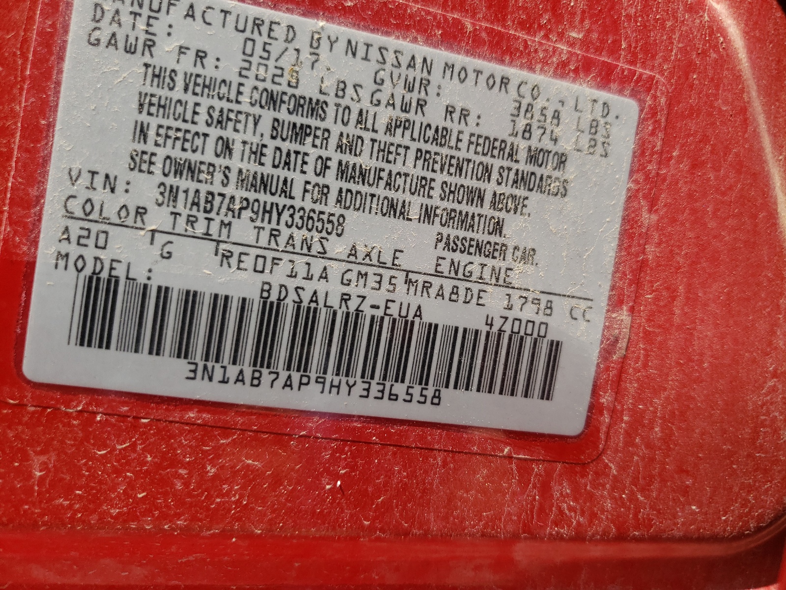 Photo 10 from auction – 2017 NISSAN SENTRA S with VIN 3N1AB7AP9HY336558