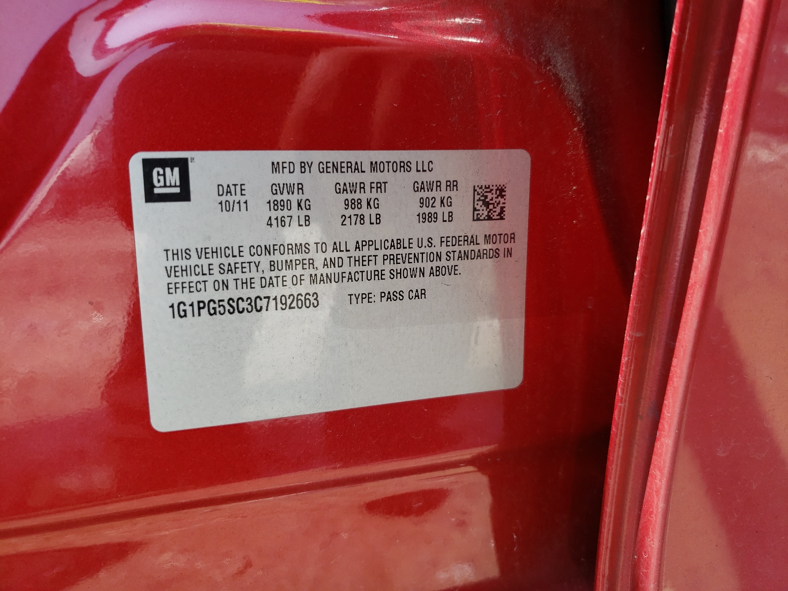 Photo 10 from auction – 2012 CHEVROLET CRUZE LT with VIN 1G1PG5SC3C7192663