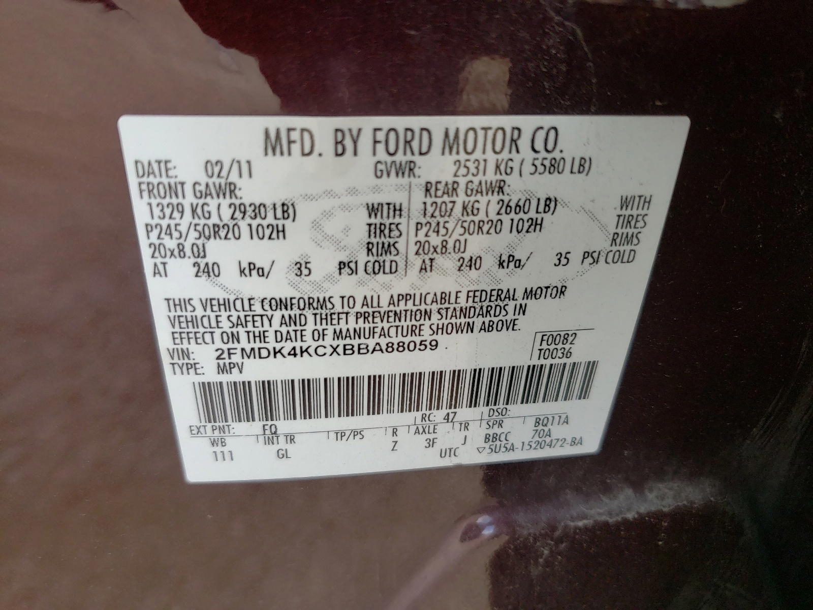Photo 10 from auction – 2011 FORD EDGE LIMIT with VIN 2FMDK4KCXBBA88059