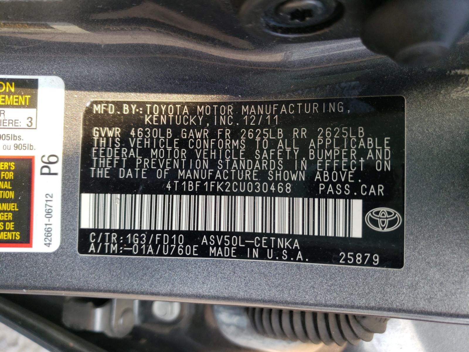 Photo 10 from auction – 2012 TOYOTA CAMRY BASE with VIN 4T1BF1FK2CU030468