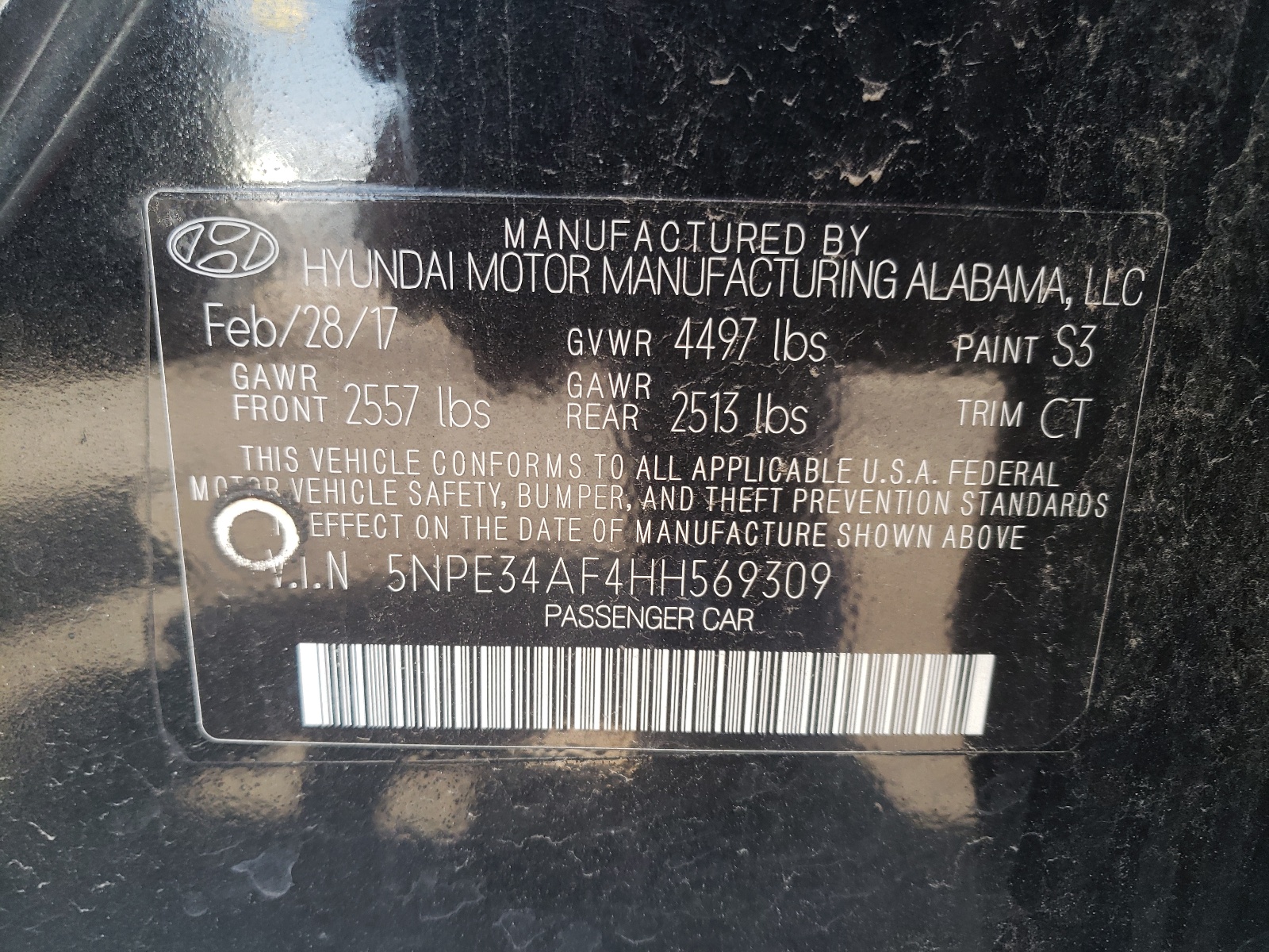 Photo 10 from auction – 2017 HYUNDAI SONATA SPO with VIN 5NPE34AF4HH569309