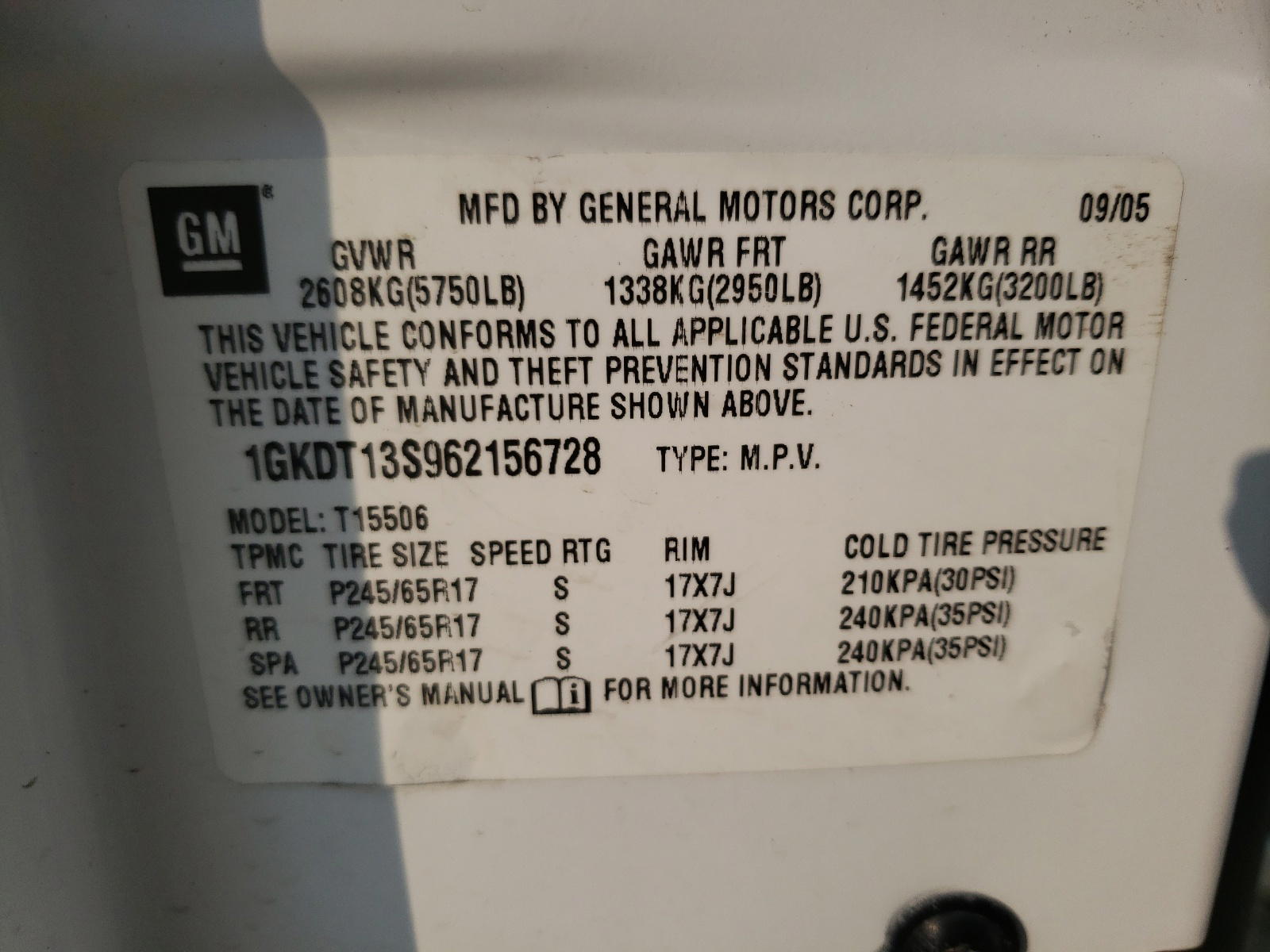 Photo 10 from auction – 2006 GMC ENVOY with VIN 1GKDT13S962156728