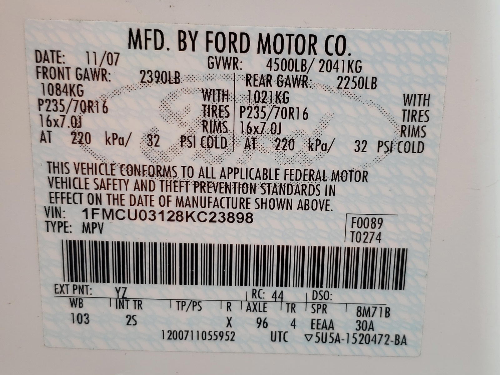 Photo 10 from auction – 2008 FORD ESCAPE XLT with VIN 1FMCU03128KC23898