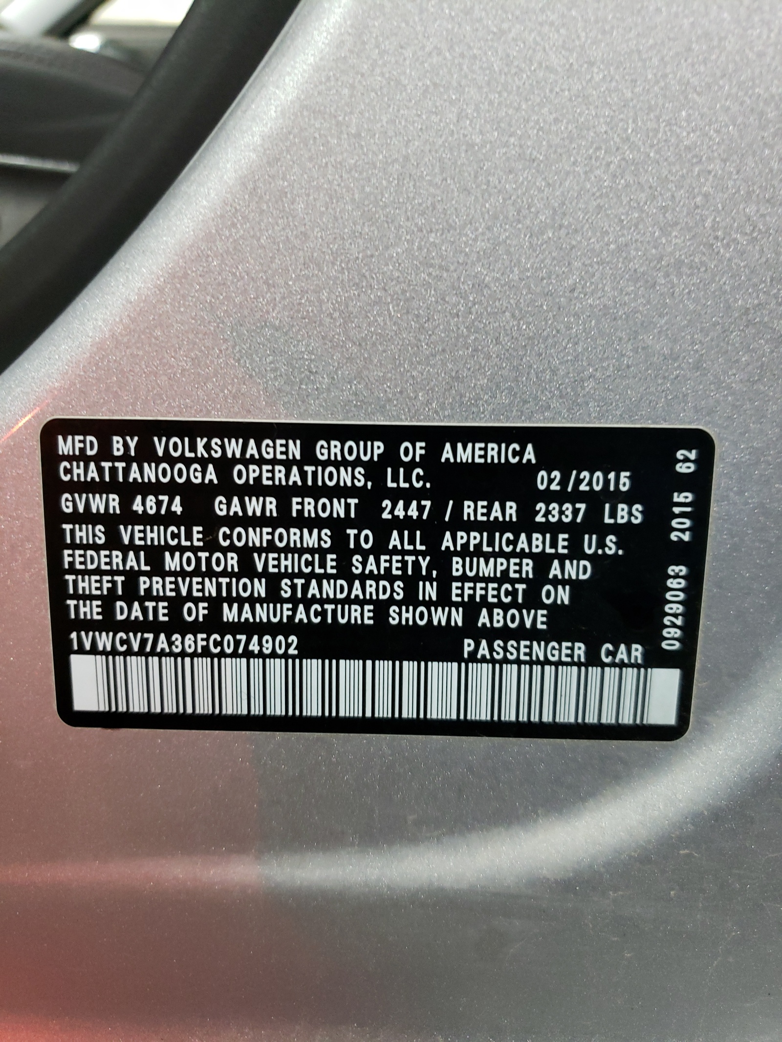 Photo 10 from auction – 2015 VOLKSWAGEN PASSAT SEL with VIN 1VWCV7A36FC074902