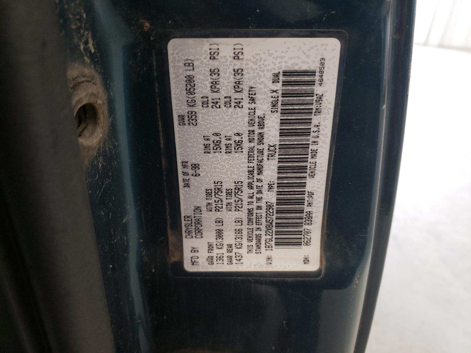 Photo 10 from auction – 1998 DODGE DAKOTA with VIN 1B7GL22X8WS722907