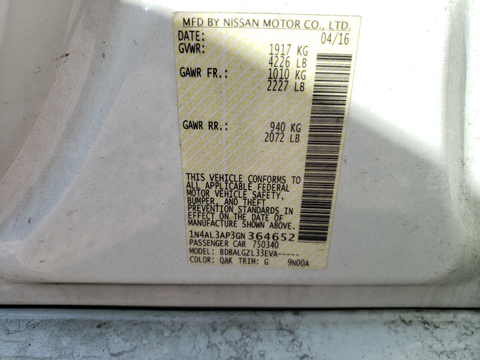 Photo 10 from auction – 2016 NISSAN ALTIMA 2.5 with VIN 1N4AL3AP3GN364652